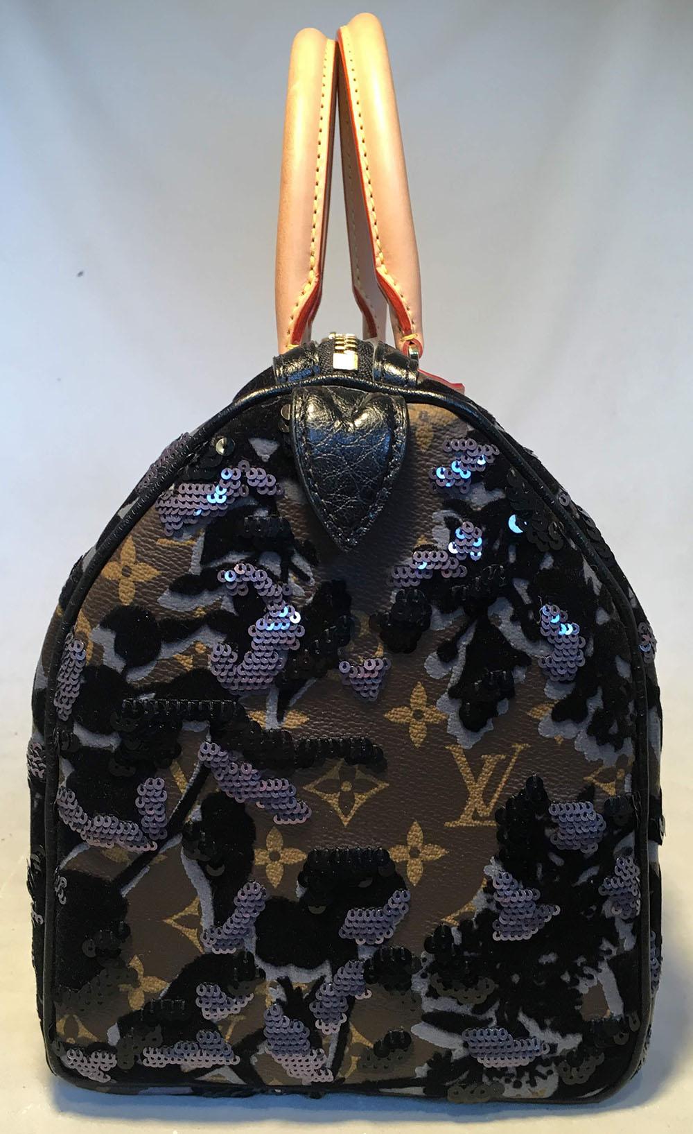 Limited Edition Louis Vuitton Fleur de Jais Sequin Monogram Speedy 30 in excellent condition. Signature monogram canvas exterior embroidered with black and gray paillette sequins, shadowed by black velvet and grey paint. Tan leather and brass