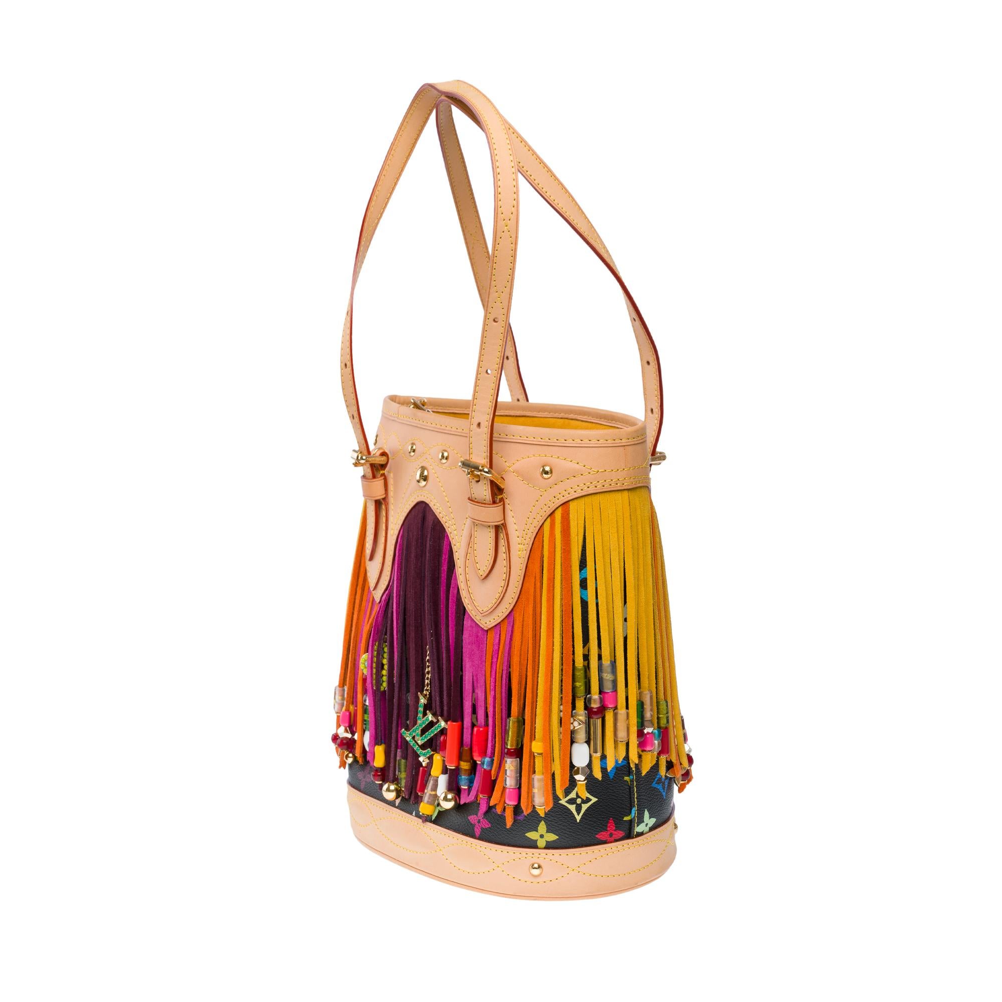 Limited Edition Louis Vuitton Murakami Multicolor Bucket Frange Bucket Bag, GHW For Sale 2