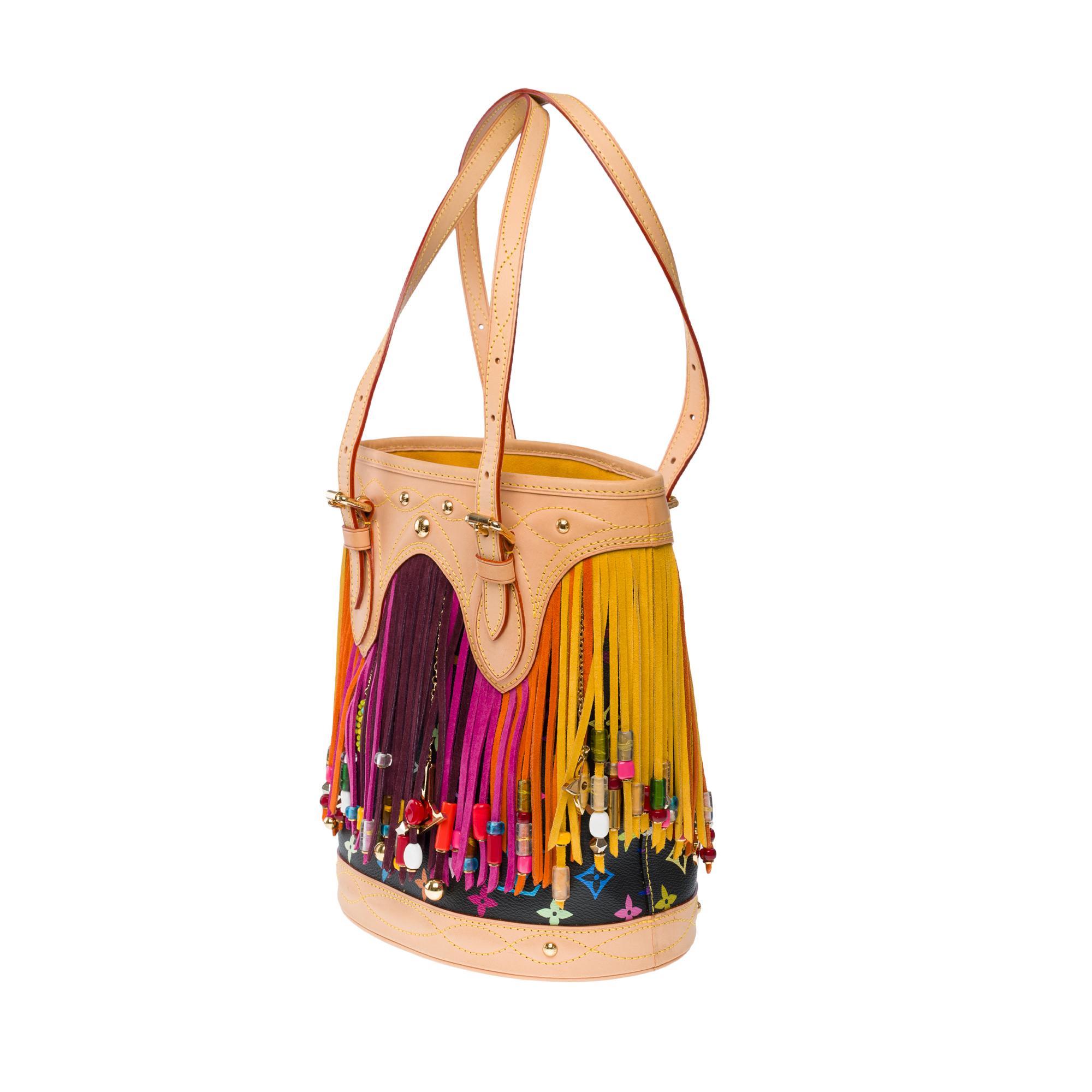 Limited Edition Louis Vuitton Murakami Multicolor Bucket Frange Bucket Bag, GHW For Sale 3