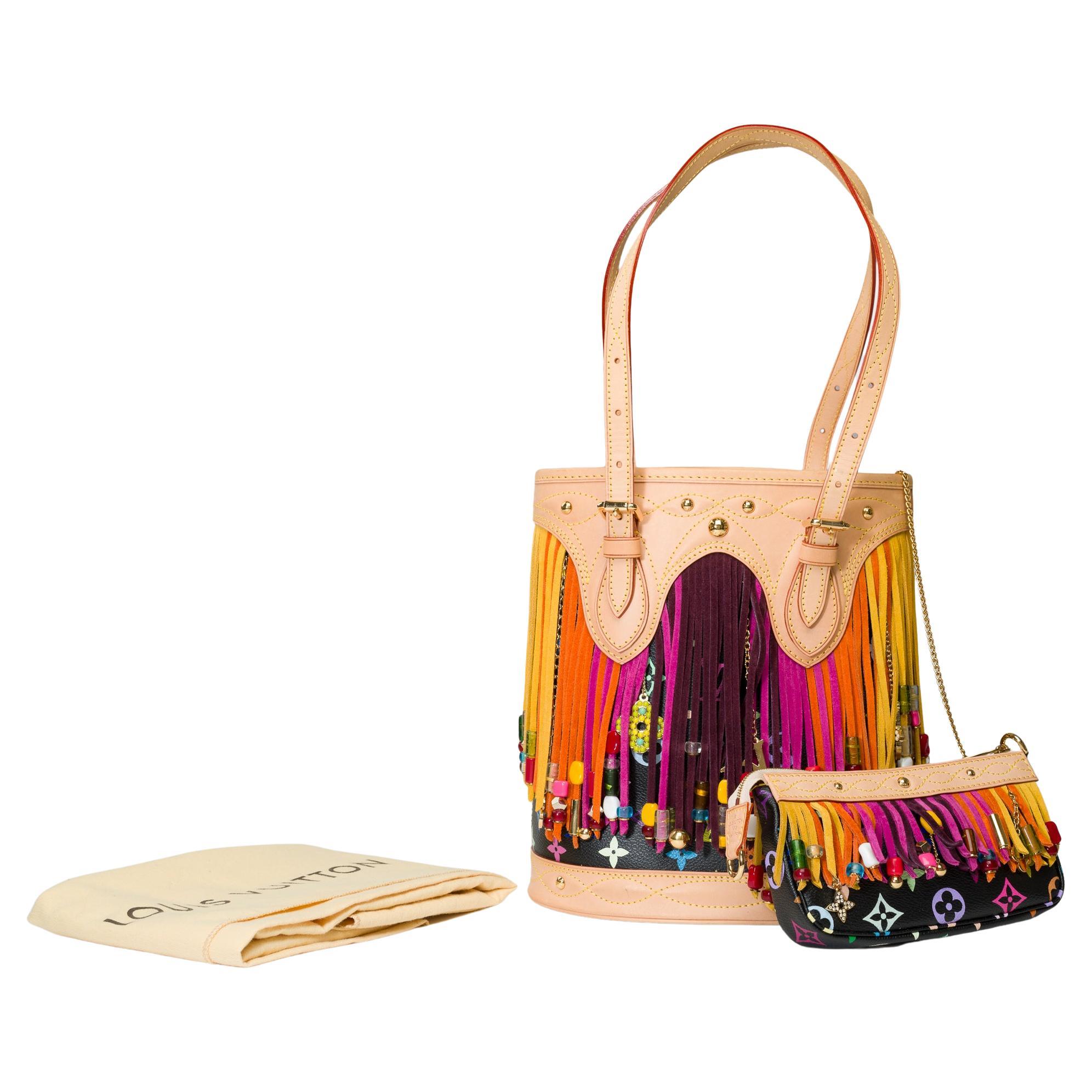 Limited Edition Louis Vuitton Murakami Multicolor Bucket Frange Bucket Bag, GHW For Sale