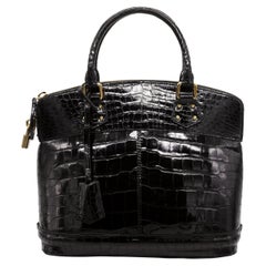 Limited Edition Louis Vuitton Shiny Noir Crocodile "Lockit" PM Top Handle Bag