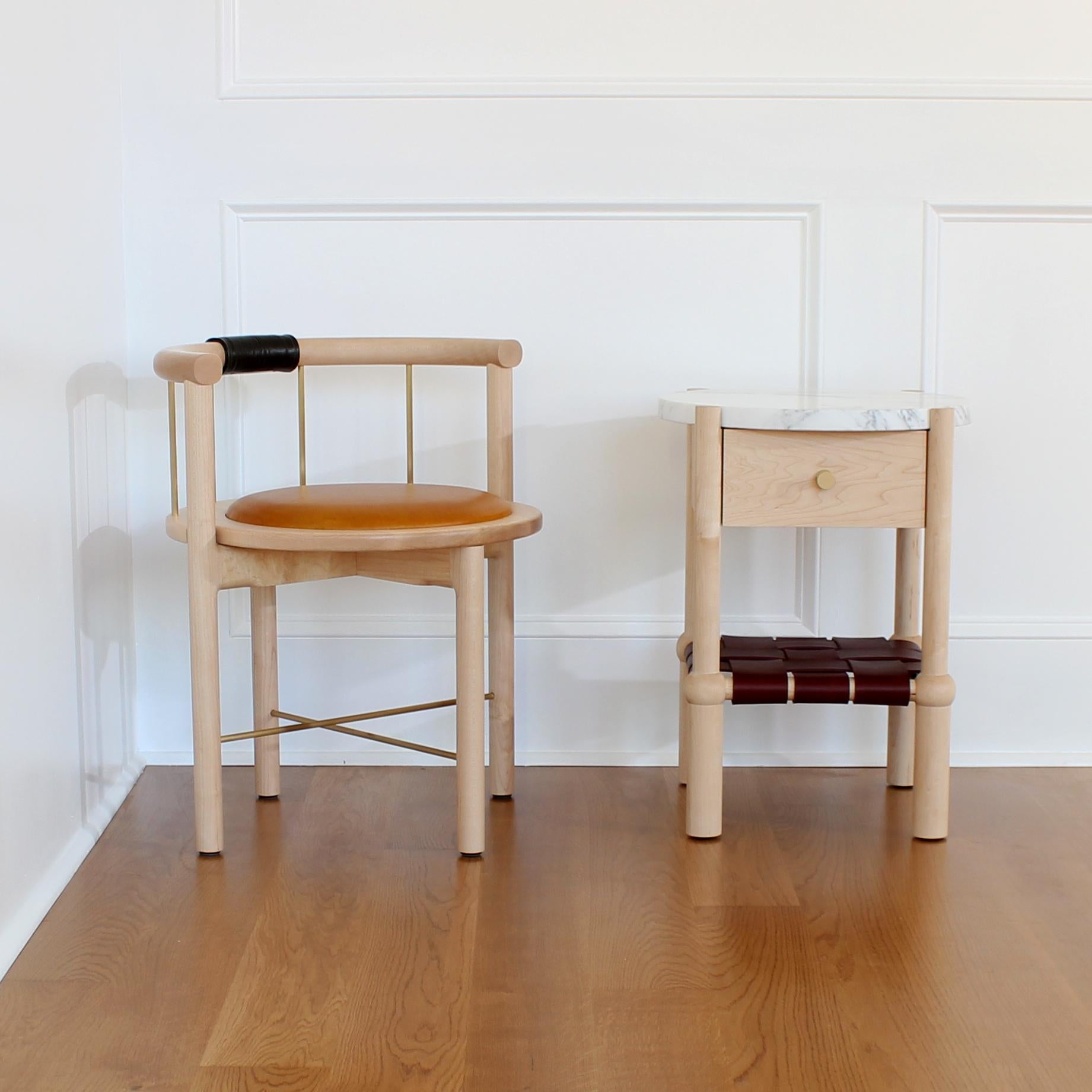 In Stock Mae Side Tables with Marble Top and Woven Leather Shelf  3