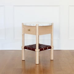 In Stock Mae Side Tables with Marble Top and Woven Leather Shelf
