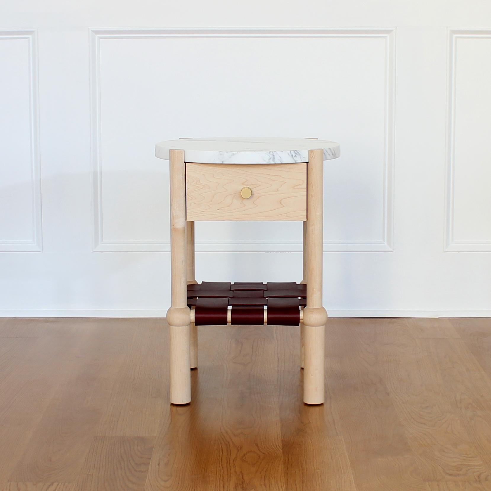 Modern In Stock Mae Side Tables with Marble Top and Woven Leather Shelf 