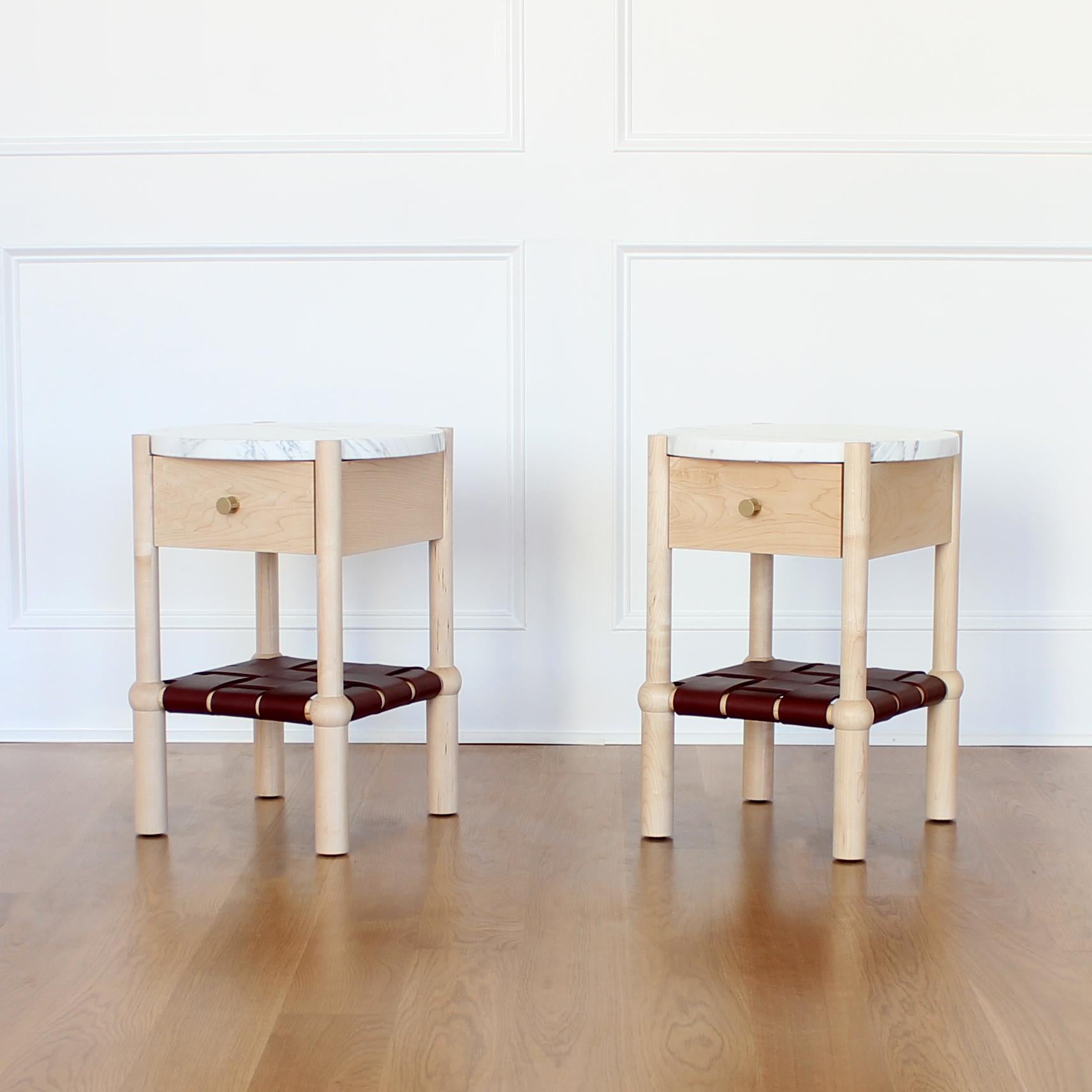 American In Stock Mae Side Tables with Marble Top and Woven Leather Shelf 