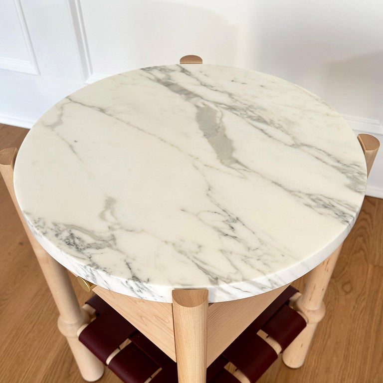 In Stock Mae Side Tables with Marble Top and Woven Leather Shelf For