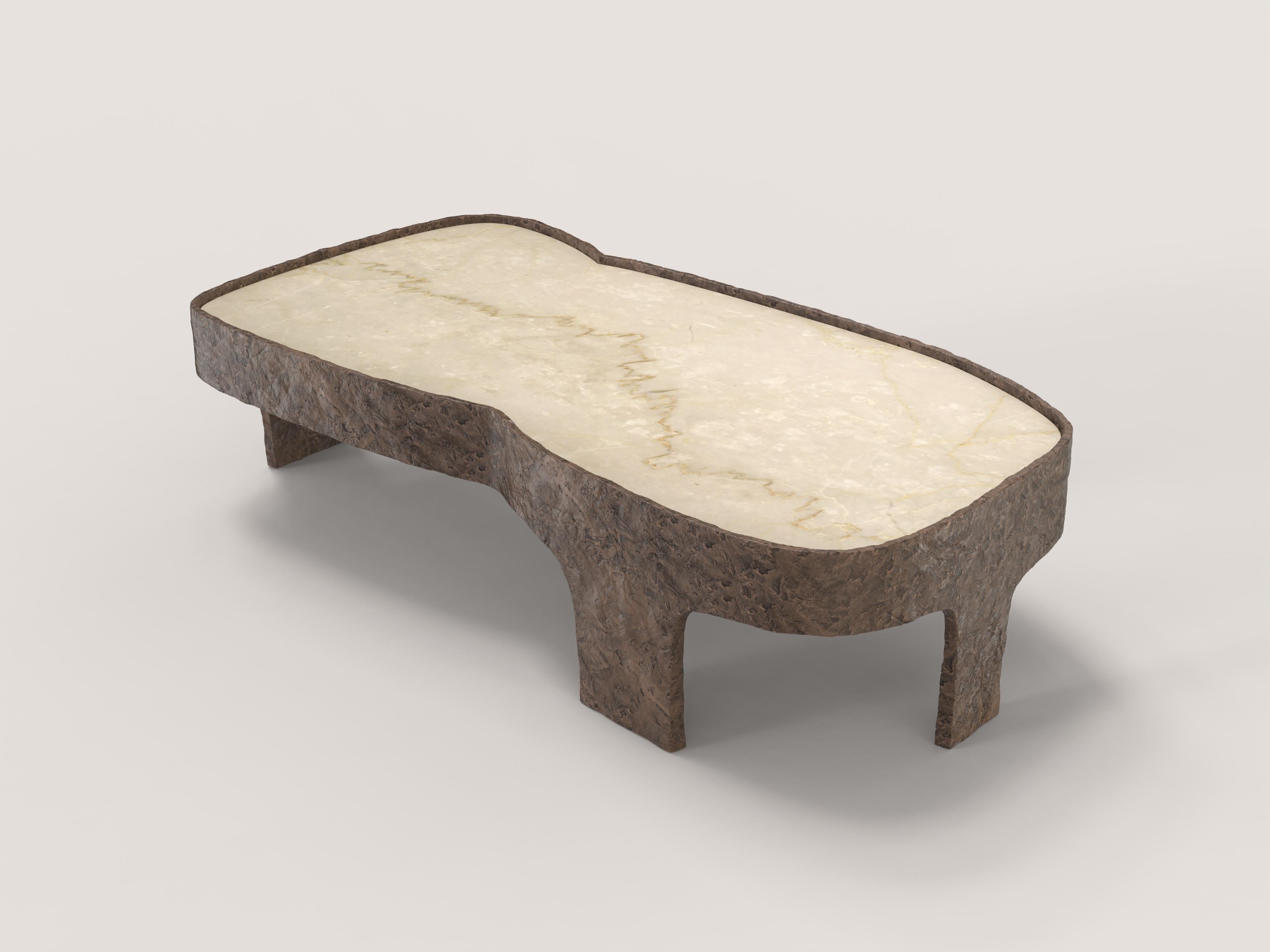Sumatra V3 is a 21st century side table made by Italian artisans in cast bronze with light brown patina with an extraordinary Botticino Classico marble plane. It is part of the collectible design language Sumatra that has been developed by the