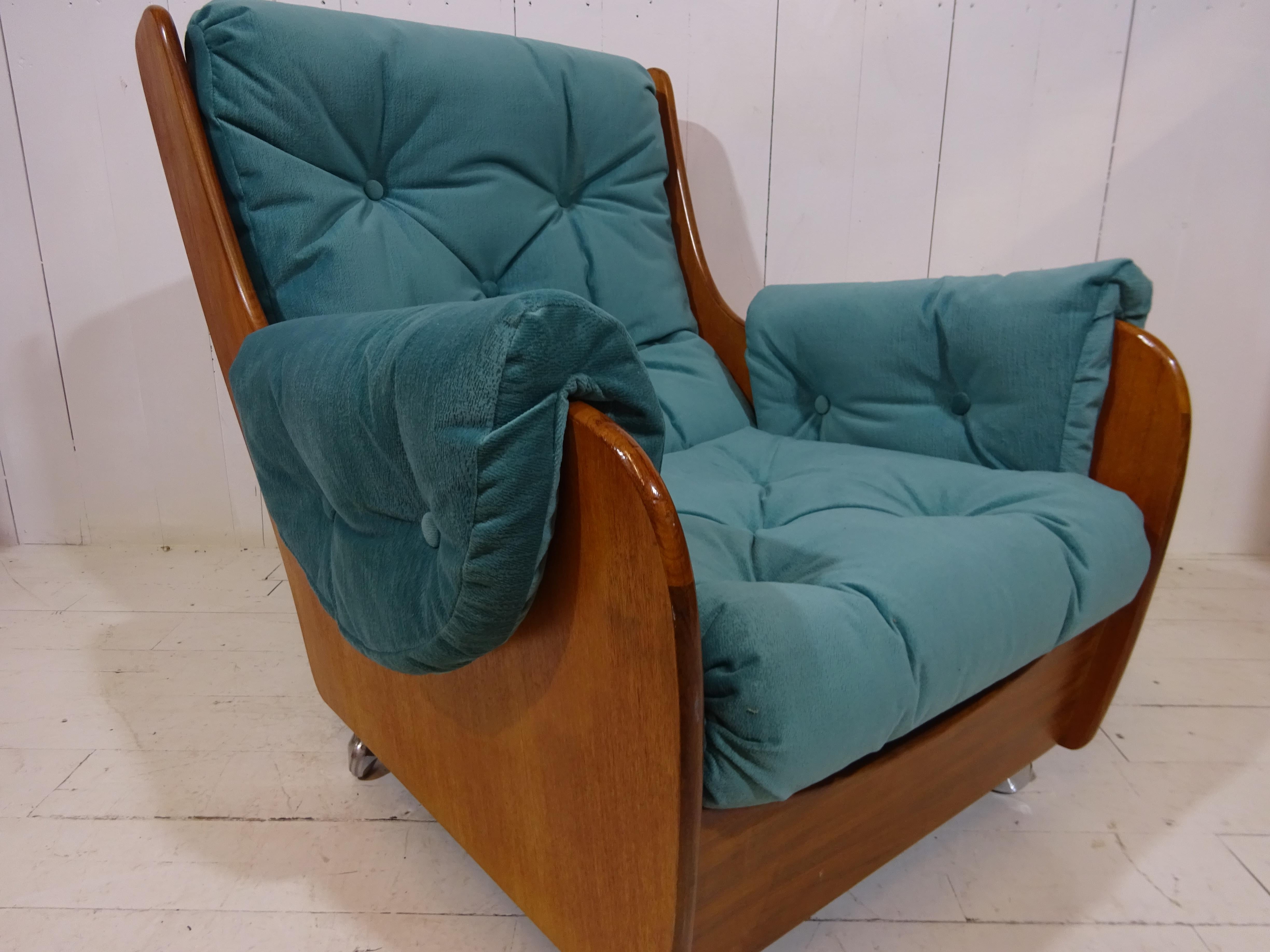 Limited Edition Mid Century Saddle Back Armchair by G Plan in Teal Velvet In Good Condition In Tarleton, GB