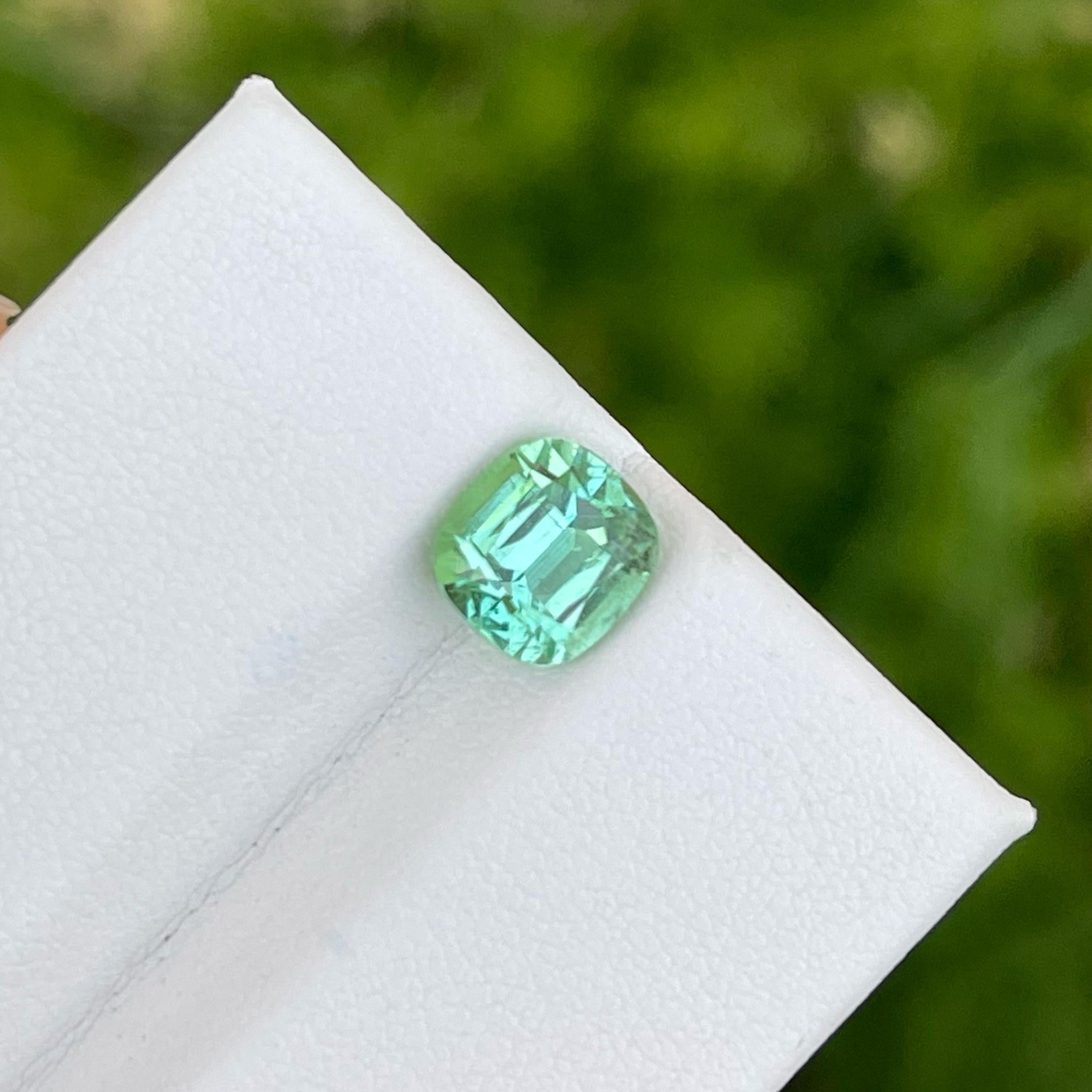 Weight 2.45 carats 
Dimensions 8.3 x 7.8 x 5.6mm
Treatment None 
Origin Afghanistan 
Clarity VVS (Very, Very Slightly Included)
Shape Cushion
Cut Fancy Cushion


Experience the luxury of owning a genuine mint green Tourmaline gemstone. With limited