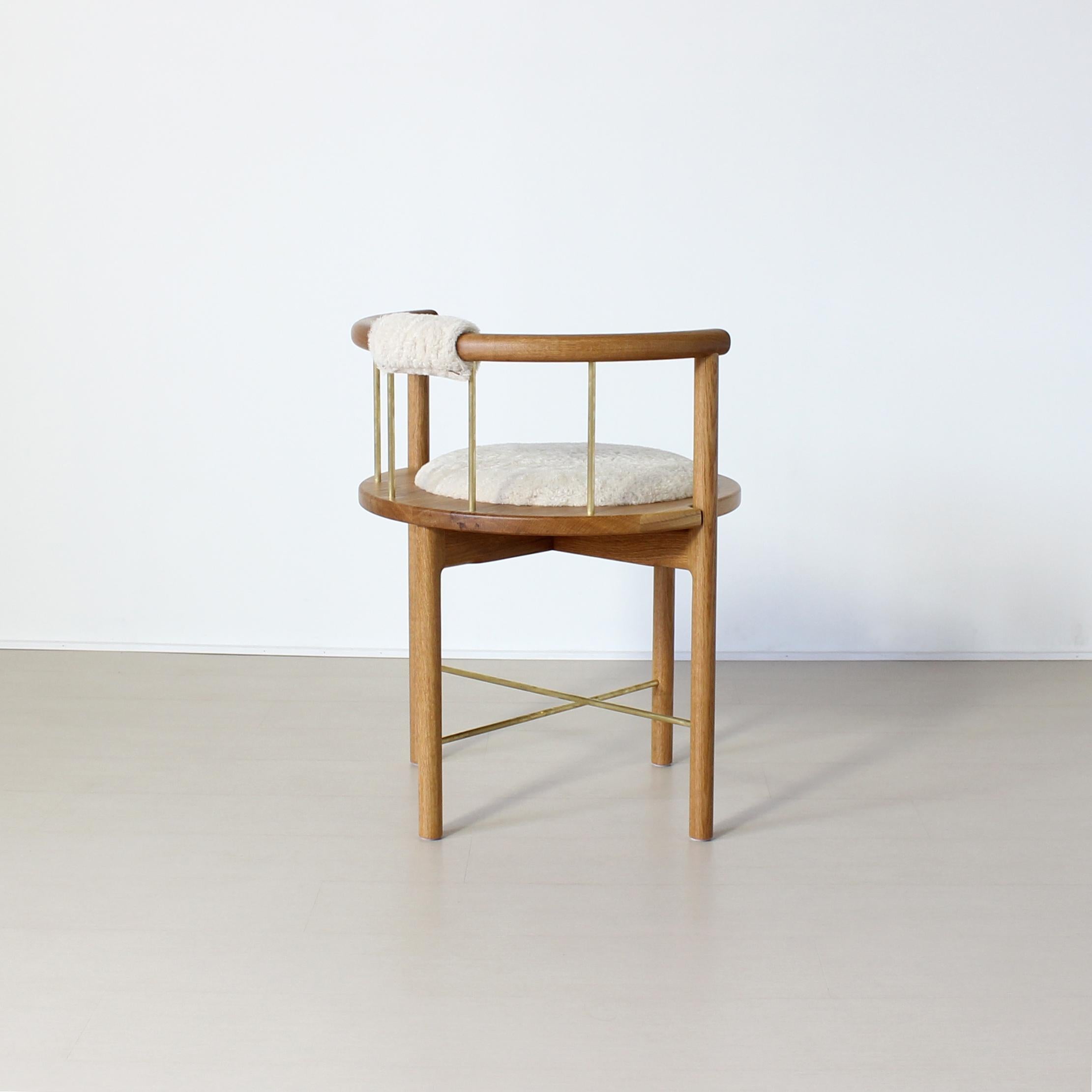 American Modern Lloyd Accent Chair in White Oak, Brass, Shearling For Sale