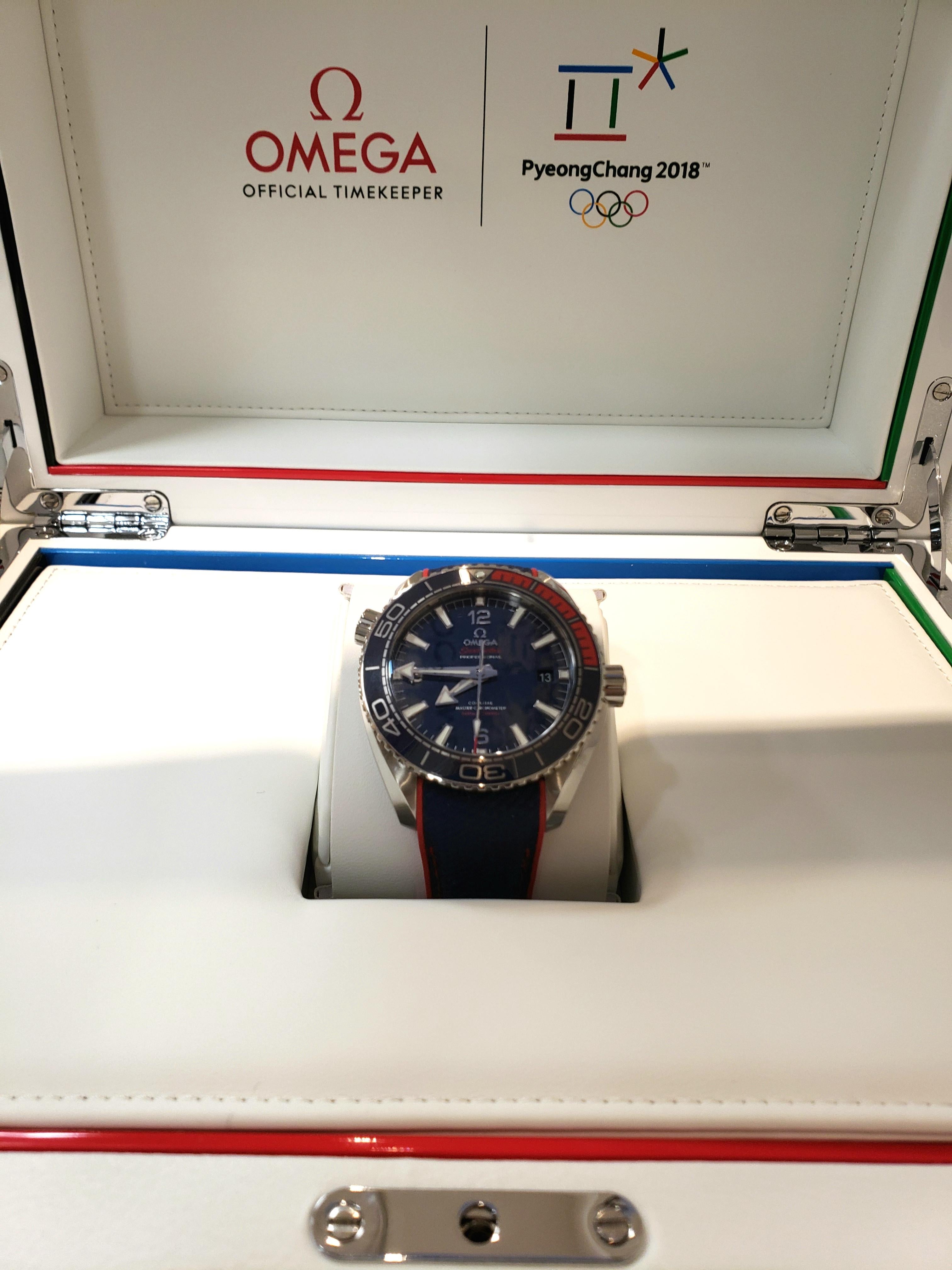 Women's or Men's Limited Edition Omega Sea Master Planet Ocean 2018 Olympic Games Watch For Sale
