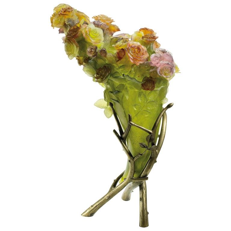French Limited Edition Pate De Verre Rose Flowers Sculpture 