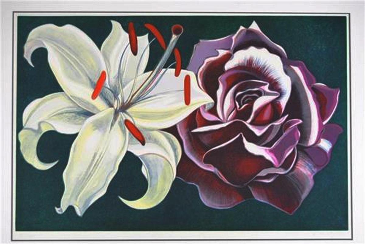 A bold signed and numbered limited edition print by L. Nesbitt, 1974. It features an over scale white lily and purple rose with a forest green field. It is signed Lowell Nesbitt, XV/XXV. It is double matted with a conservation mating. Very good