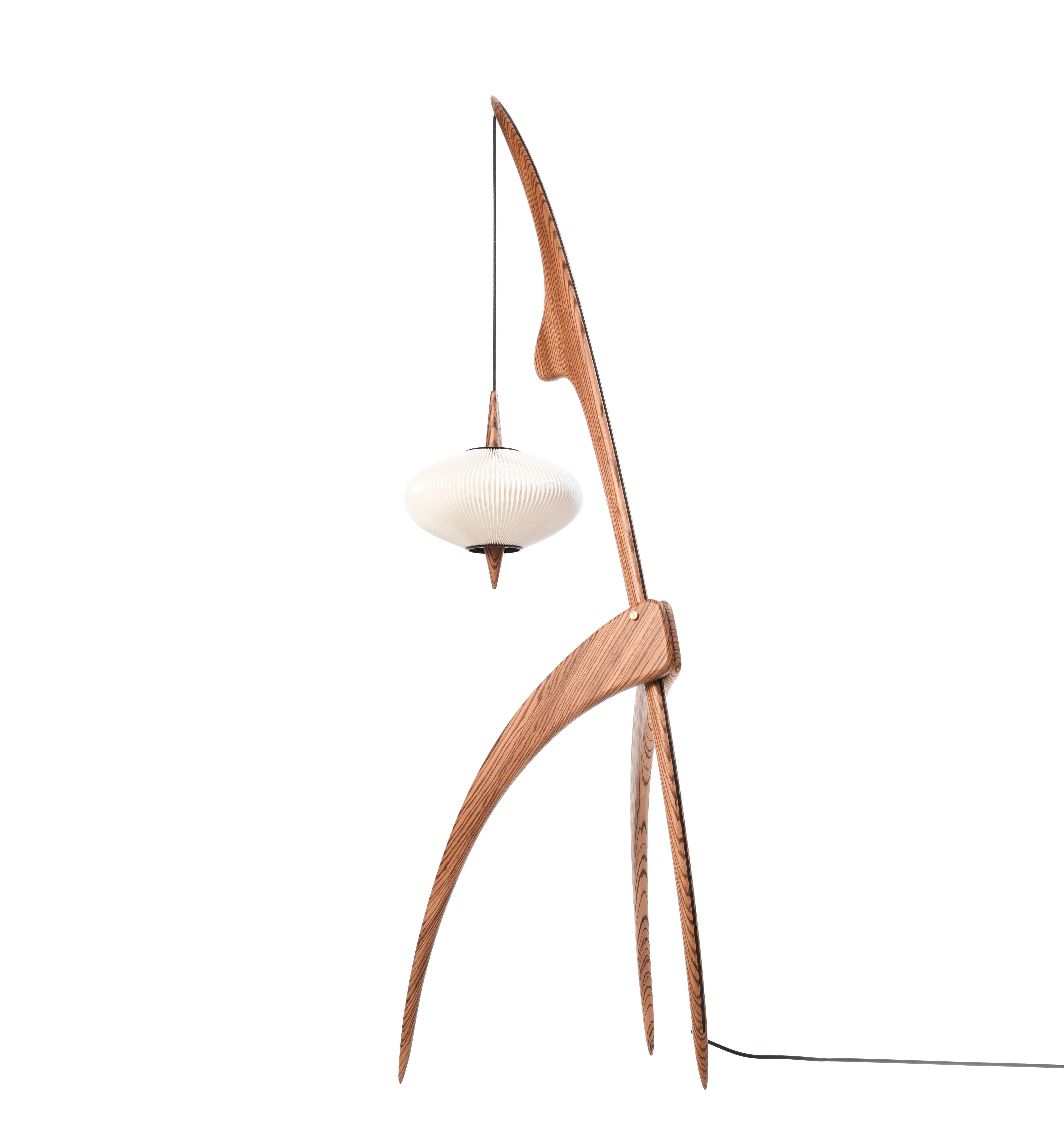 Limited edition Rispal 'Praying Mantis Zébrant' floor lamp in zebra wood. The iconic model #14.950 was originally designed in 1950 by François Rispal. This extremely limited edition model (1 of 6) is executed in richly grained zebra wood with a