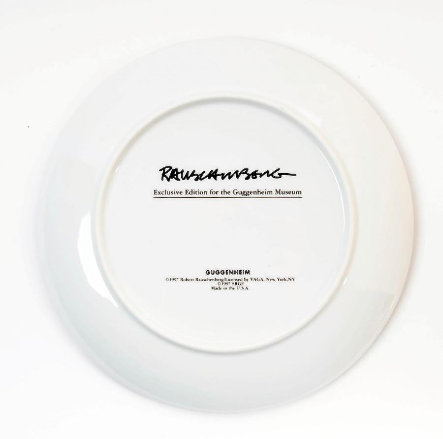 Complete Set of 6 Guggenheim Museum Retrospective Limited Edition Robert Rauschenberg porcelain plates dated 1997. 

Each plate features a different screen-printed image of Rauschenberg's work with a screened signature on the verso. Offered in its