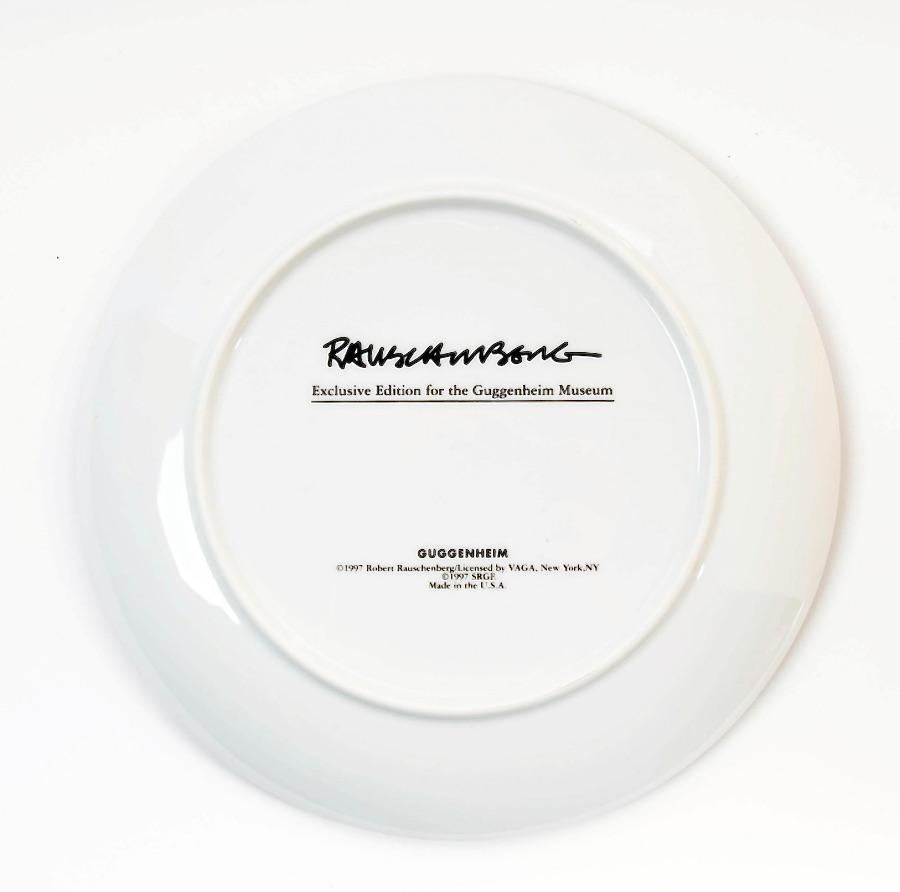 Complete Set of 6 Guggenheim Museum Retrospective Limited Edition Robert Rauschenberg porcelain plates dated 1997. 

Each plate features a different screen-printed image of Rauschenberg's work with a screened signature on the verso. Offered in its