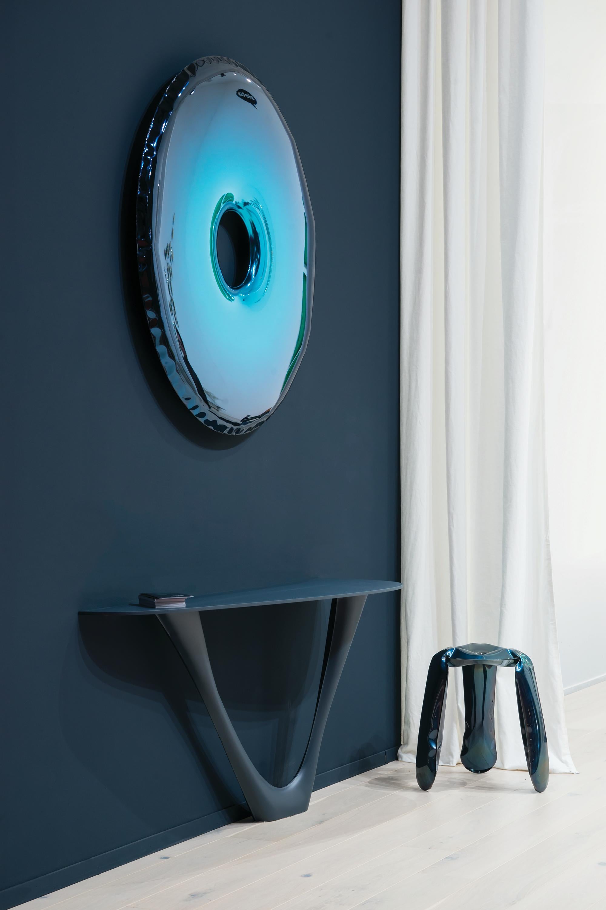 Polished Limited Edition Rondo 120 Mirror in Green Stainless Steel by Zieta in Space Blue