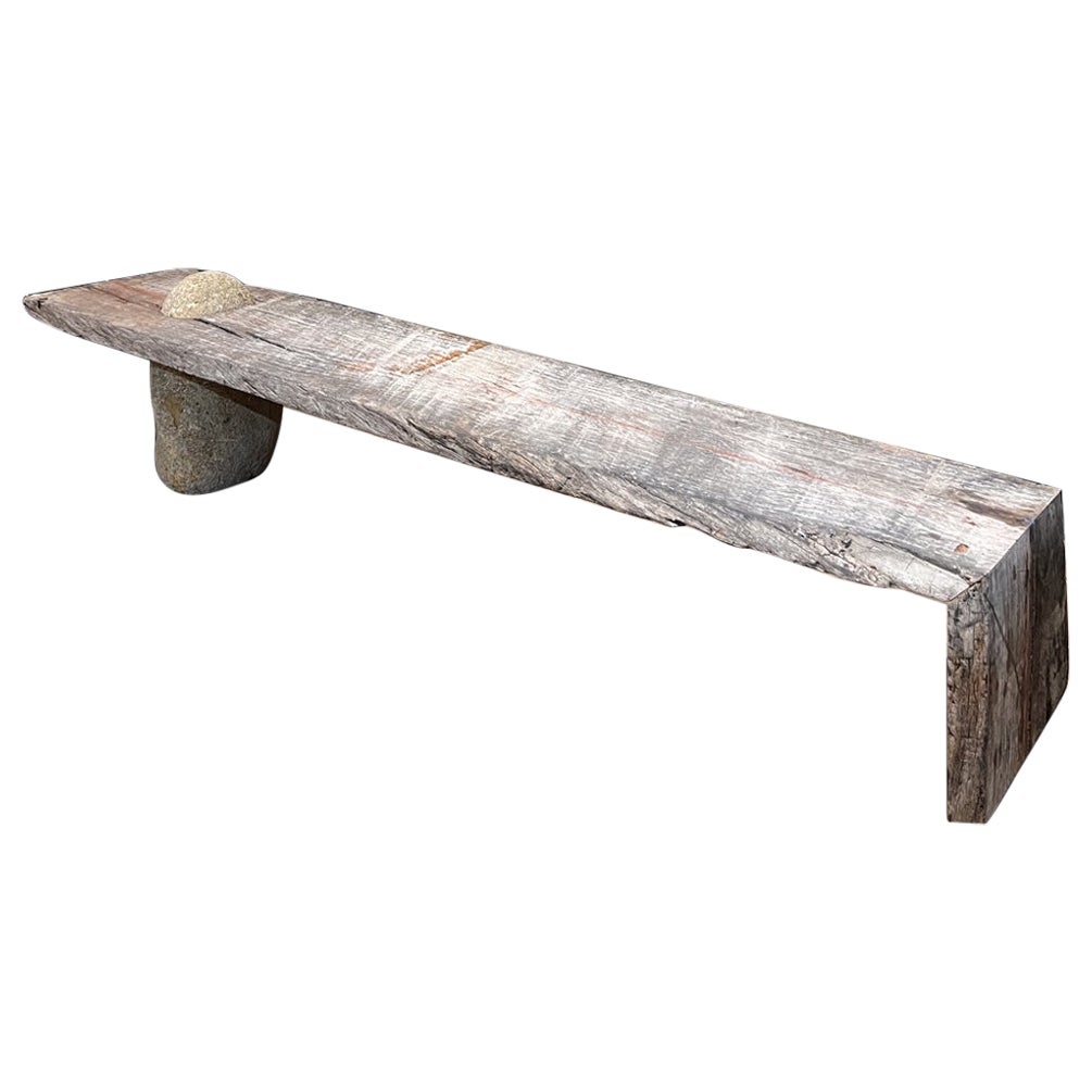Limited-edition Rustic Modern Live Edge Wood Rock Bench Pablo Romo Mexico