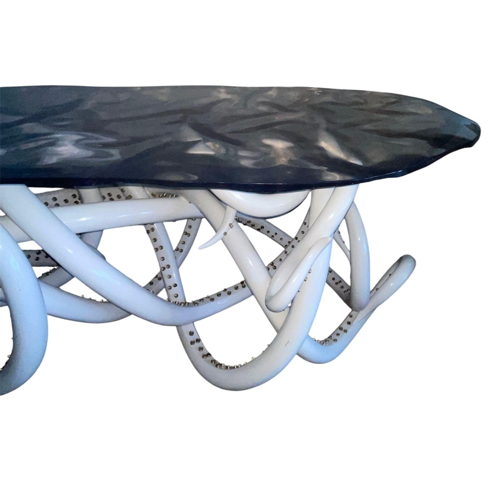 Limited Edition Sculptural Octopus Console Table-Wavy Resin Top. U.S.A. 21st C. In Good Condition For Sale In Los Angeles, CA
