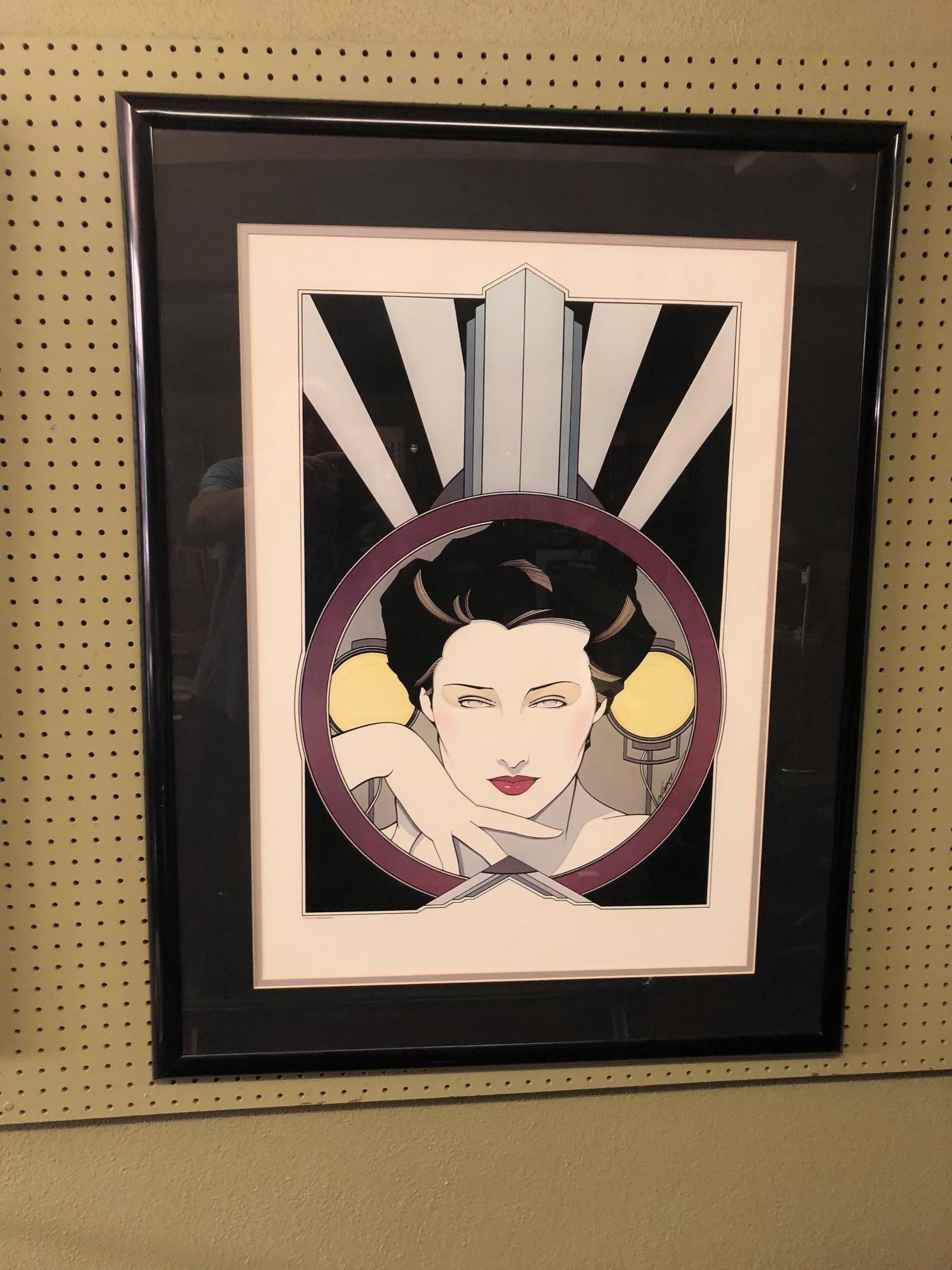 Limited edition serigraph (silkscreen) by Patrick Nagel, circa 1979.

Patrick Nagel was an American artist who did work for Playboy magazine throughout the 1980s. He created popular illustrations on board, paper and canvas, most of which emphasize