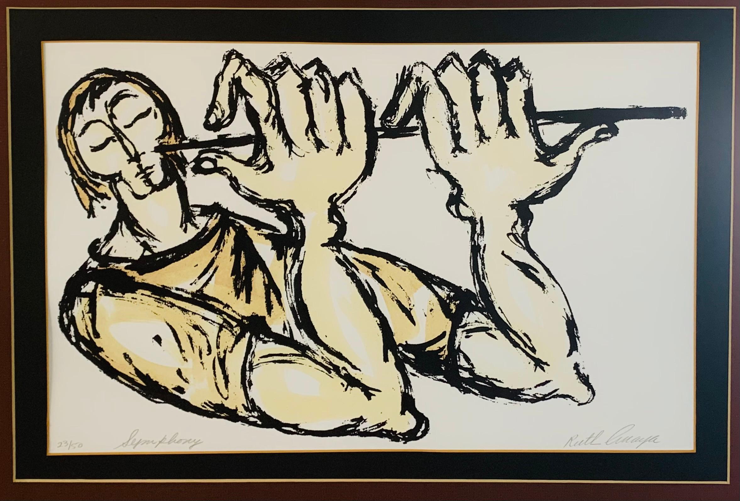 Limited Edition print, symphony, by Ruth Anaya (Canadian, 20th century, figurative expressionist artist). The serigraph print features a flautist in bold black outline with a thin flute and muscular arms. 

Dimensions: 22.25