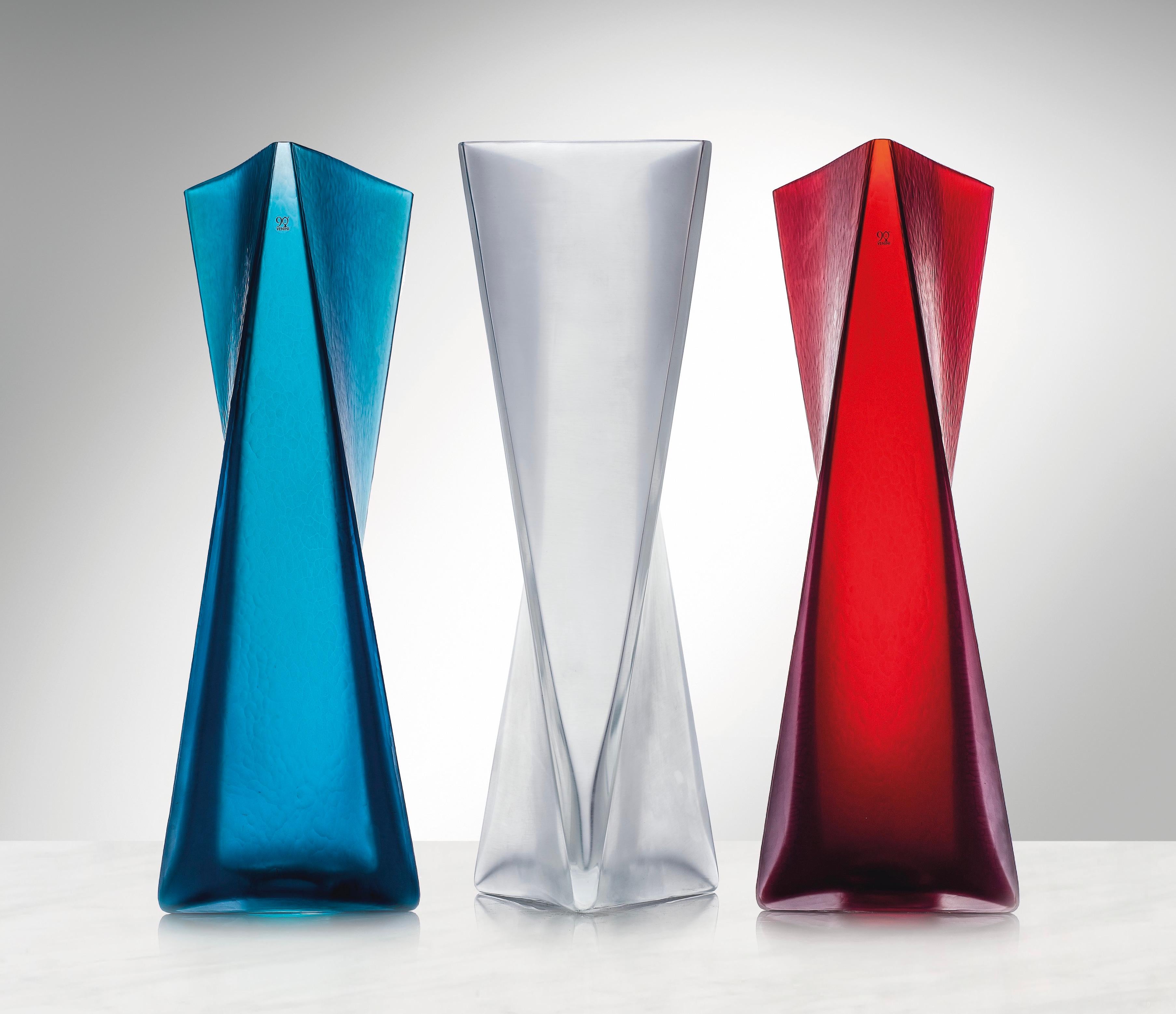For Vetreria Venini Murano, 2011
'Rosetta', 'Ghiaccio', & 'Velato': 3 glass sculptural vases, each acid-stamped ’90 Venini 2011 Ando’ and engraved ‘Venini 2011 8/30’
Each vase limited edition no. 8/30
(30 examples were cast in each colour by