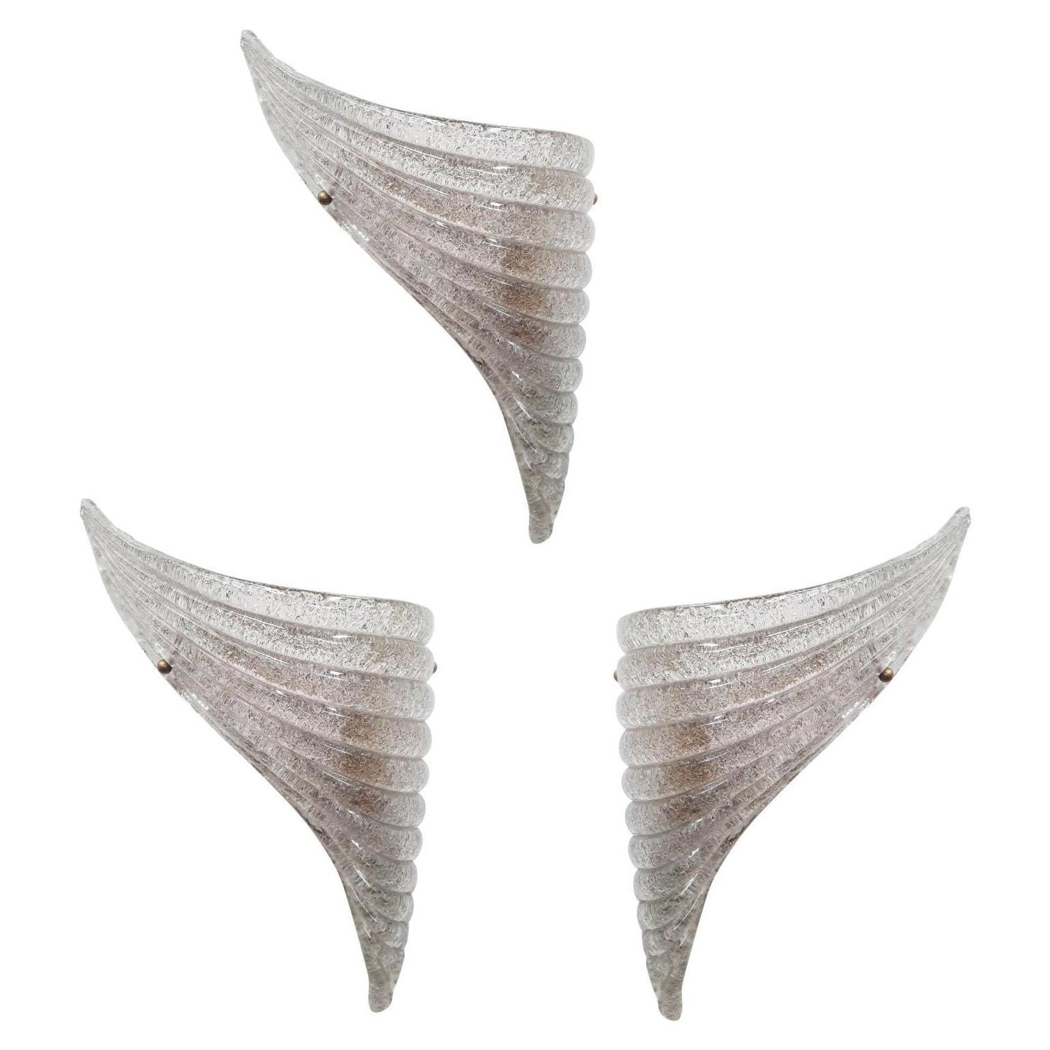 Limited Edition Set Three Wing Shaped Sconces w/ Smoky Murano Glass, Italy 1990s