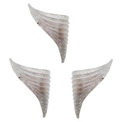 Vintage Limited Edition Set Three Wing Shaped Sconces w/ Smoky Murano Glass, Italy 1990s