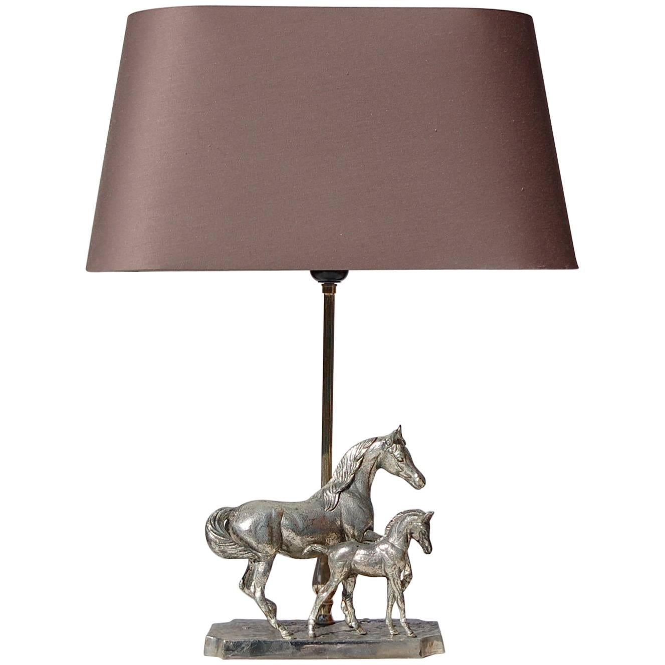Limited Edition Silver Plated Horse with Foal Table Lamp, 1980s, France For Sale