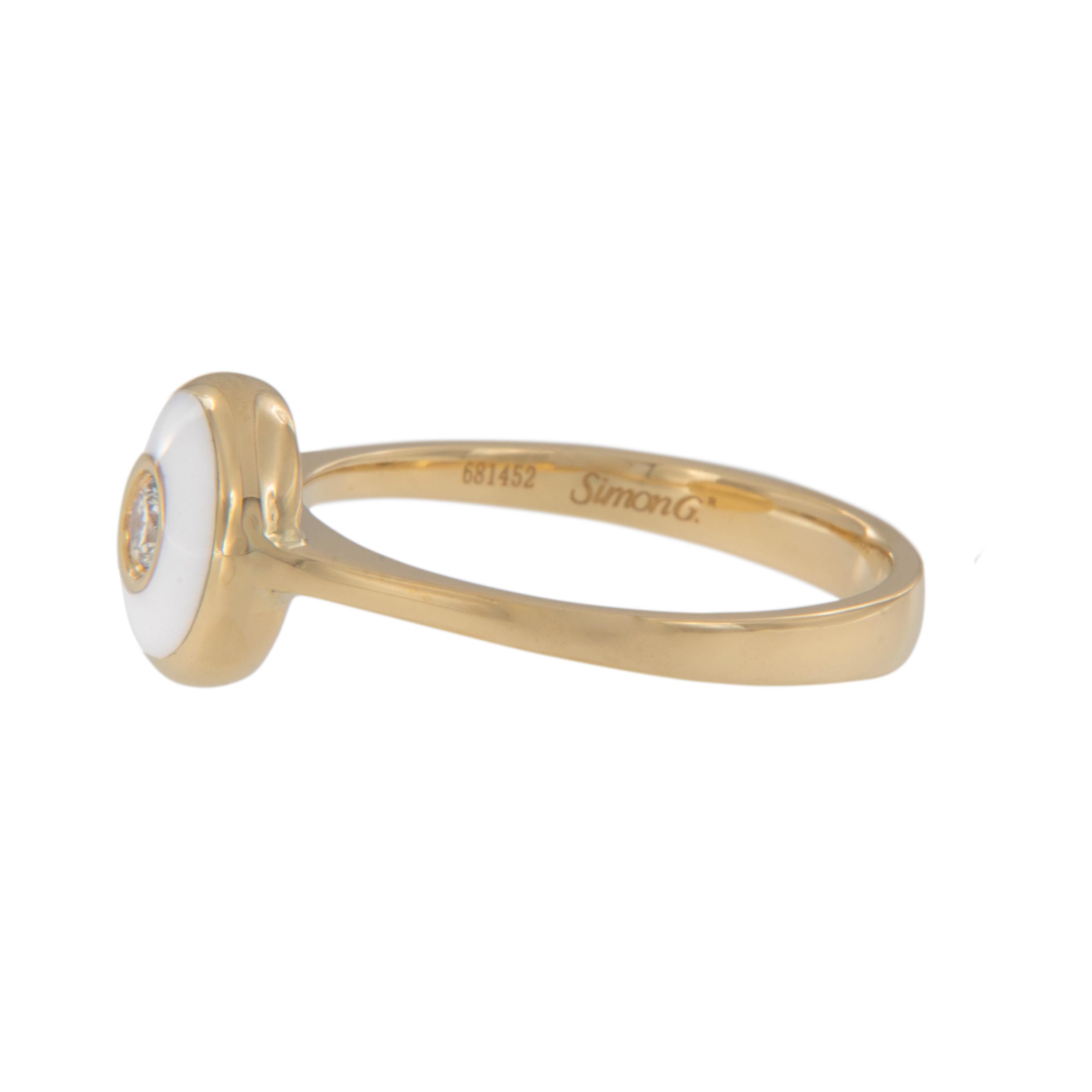 Contemporary Limited Edition Simon G 18 Karat Yellow Gold White Enamel Diamond Evil Eye Ring For Sale