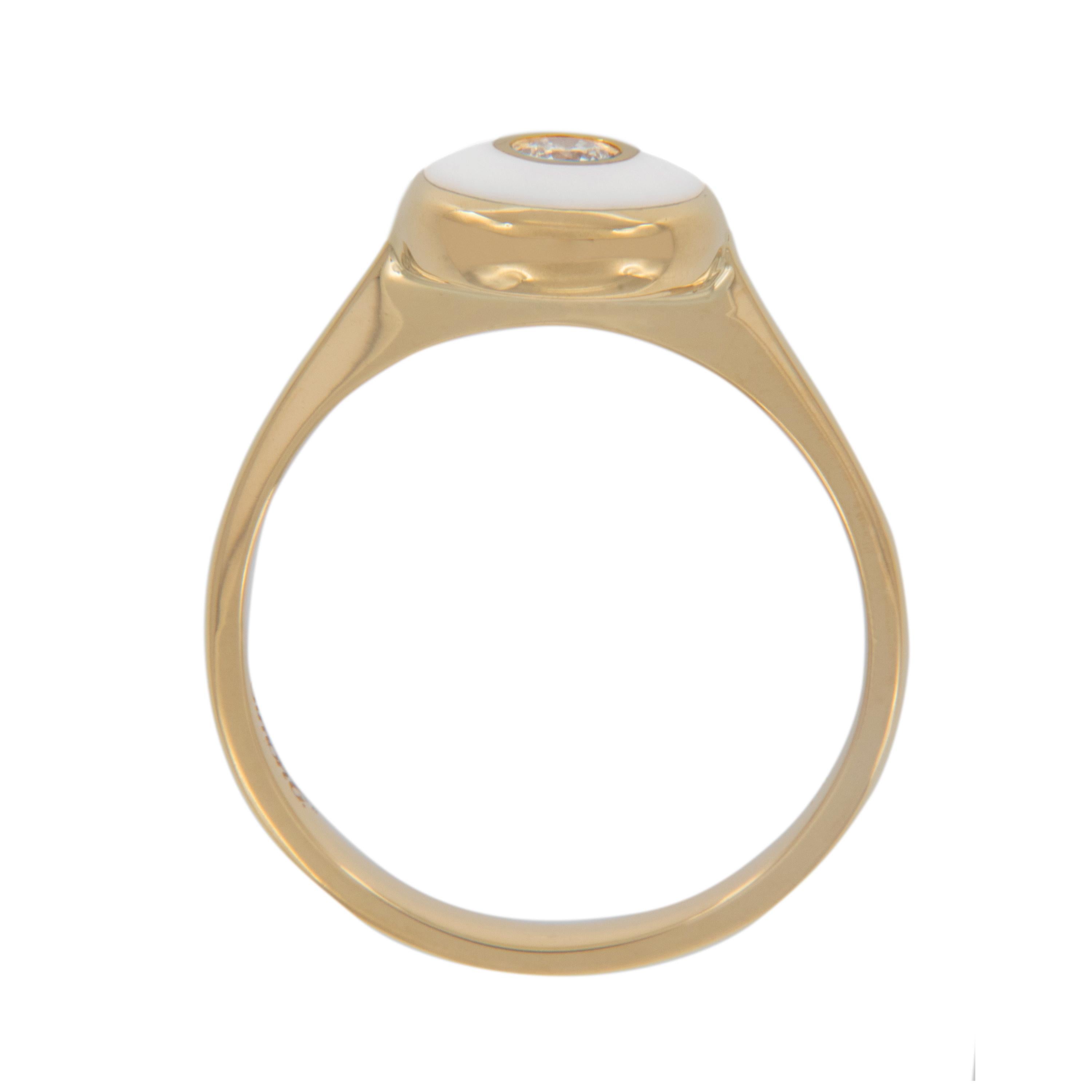 Round Cut Limited Edition Simon G 18 Karat Yellow Gold White Enamel Diamond Evil Eye Ring For Sale
