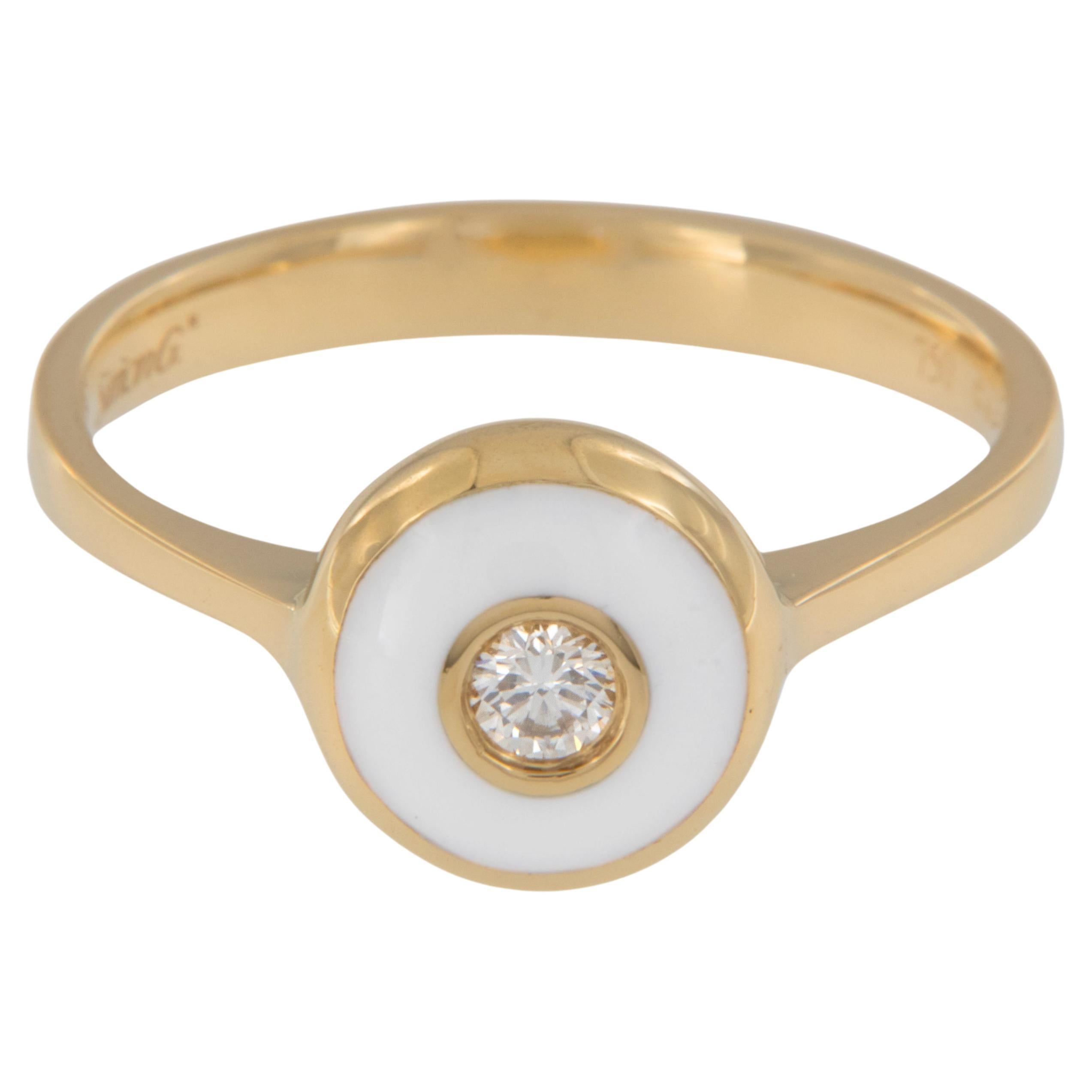 Limited Edition Simon G 18 Karat Yellow Gold White Enamel Diamond Evil Eye Ring For Sale