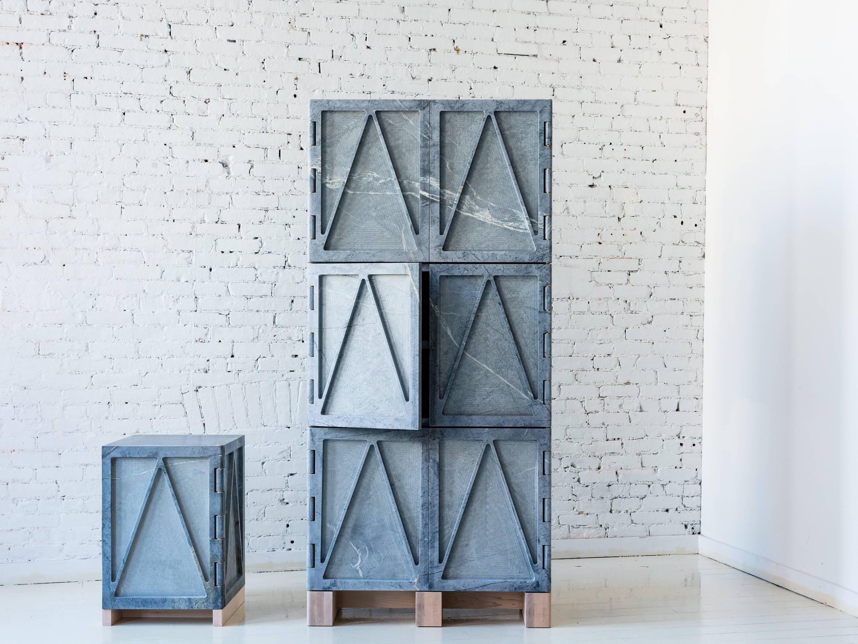 A part of Fort Standard’s collection, “Qualities of Material”, this stone cabinet has a triangular relief pattern milled into the exterior panels, which removes excess weight and allows the remaining ribs to retain the material’s strength. The