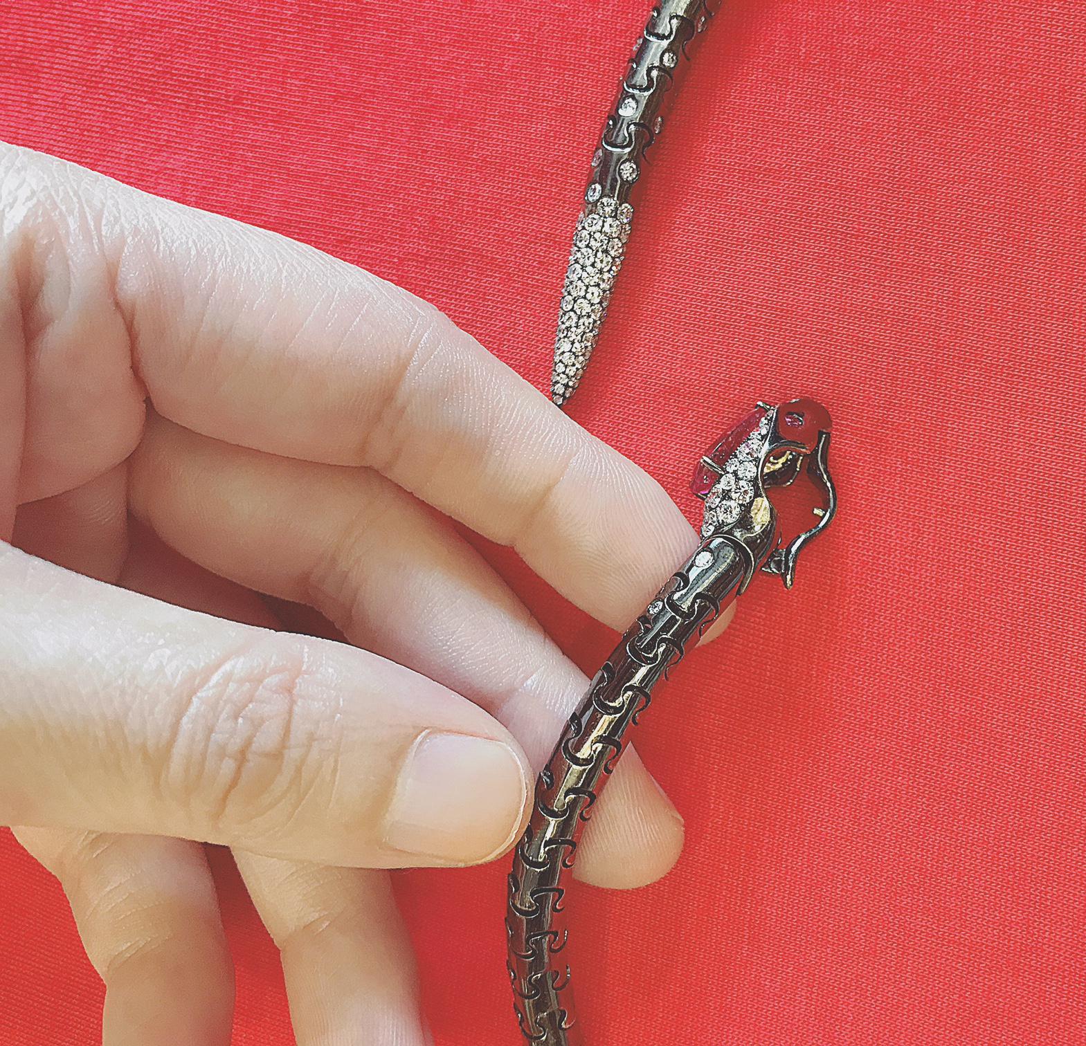 Modern Limited Edition Snake/Serpentine Necklace, Black Tourmaline, Ruby and Diamonds