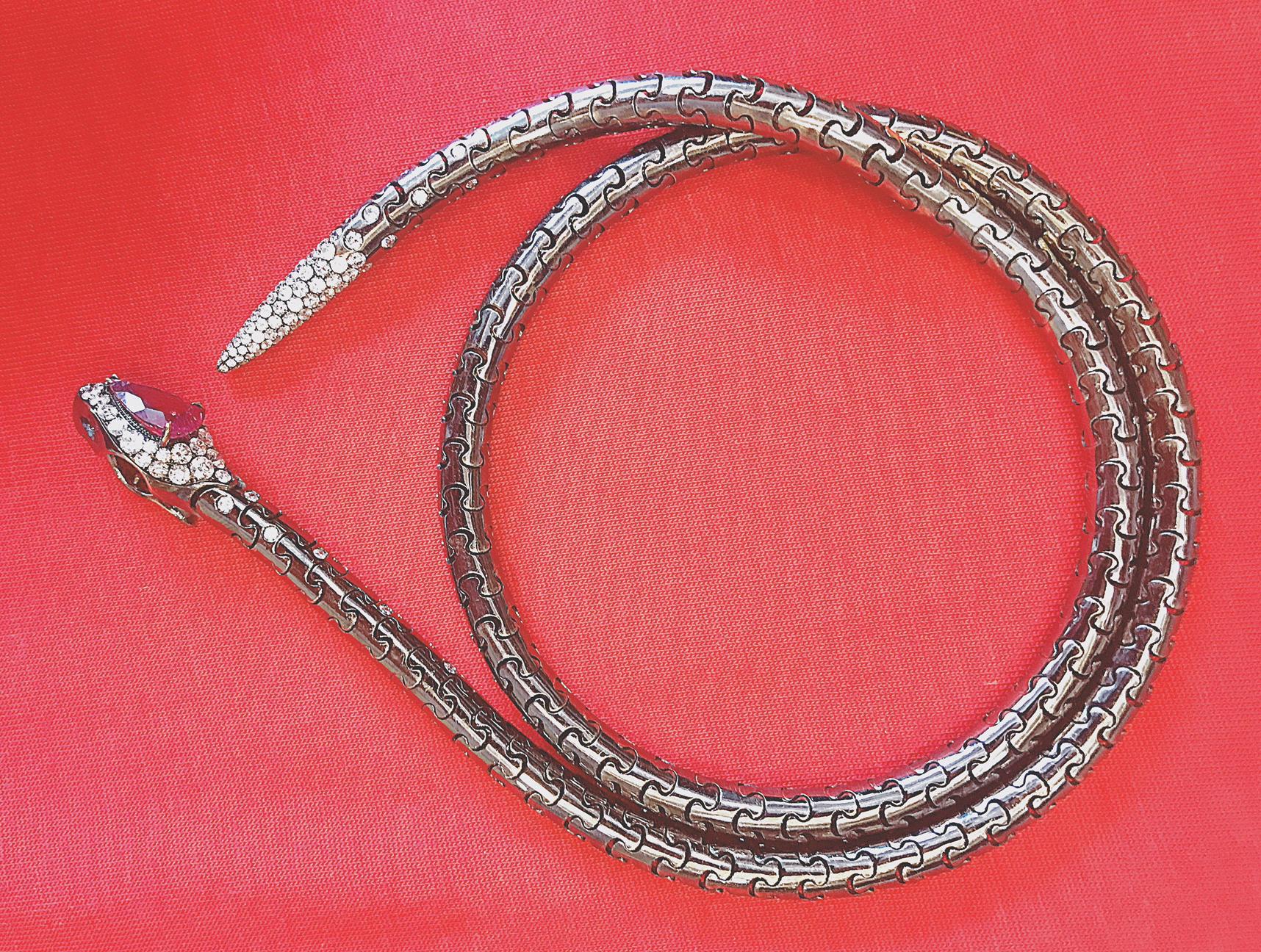 Brilliant Cut Limited Edition Snake/Serpentine Necklace, Black Tourmaline, Ruby and Diamonds