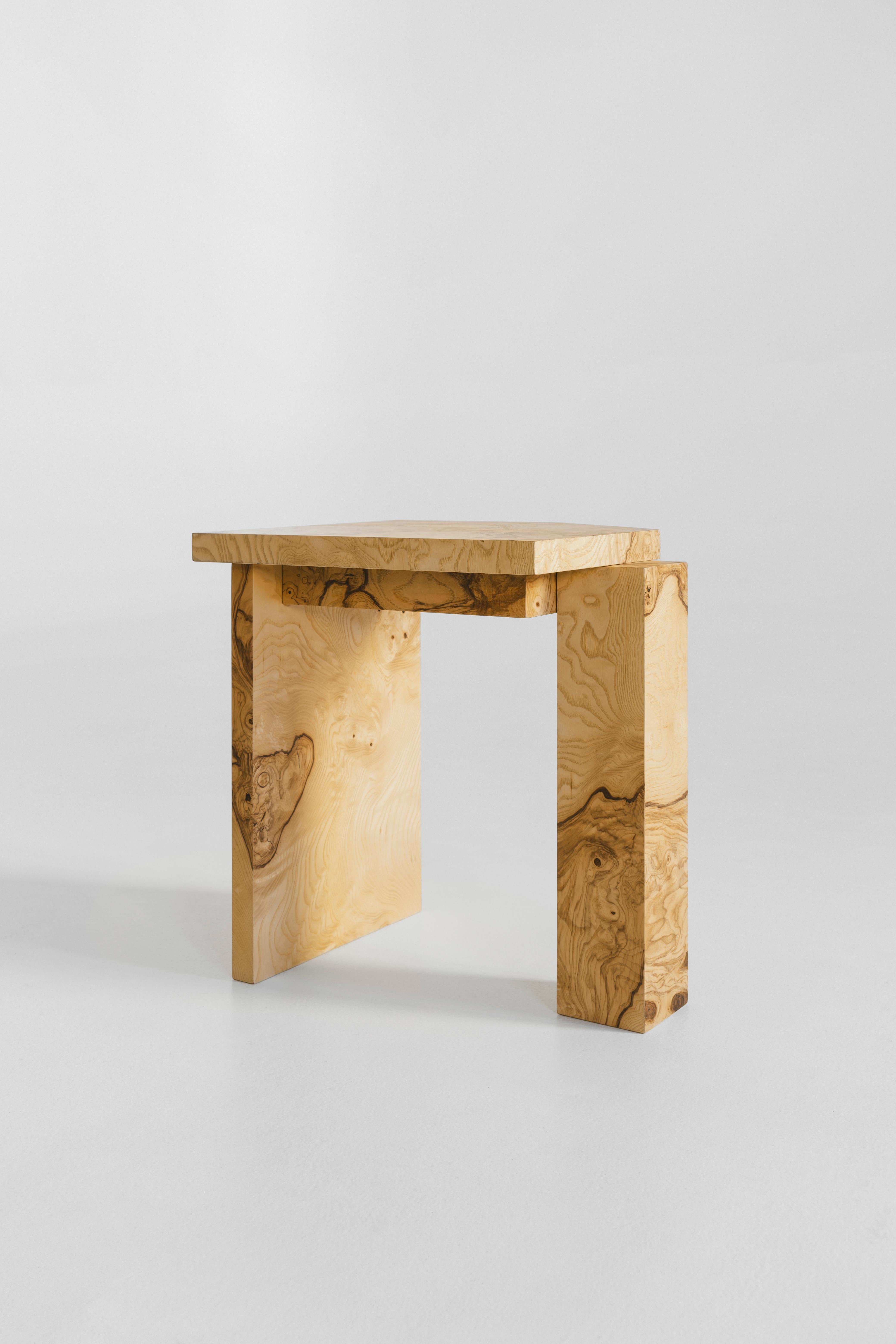 Limited Edition SSS01W Stool in MDF with Ash Root Veneer by sashaxsasha
Limited Edition of 8 + 2 A.P
Dimensions: D 30 x W 35 x H 40 cm. 
Materials: MDF and ash root veneer.

sashaxsasha is a design duo based in Paris, France. Originally from Moscow,