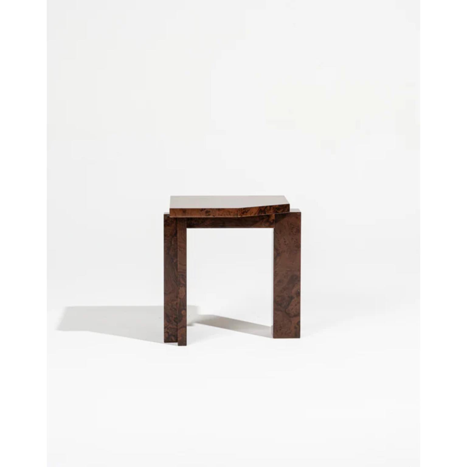Limited Edition SSS01W Stool in MDF with Walnut Burl Veneer by sashaxsasha
Limited Edition of 8 + 2 A.P
Dimensions: D 30 x W 35 x H 40 cm. 
Materials: MDF and ash walnut burl.

sashaxsasha is a design duo based in Paris, France. Originally from