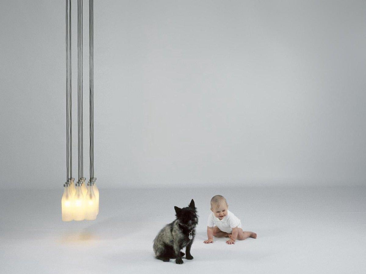 Le lustre Milk Bottle Lamp a été conçu par Tejo Remy pour Droog Design aux Pays-Bas. Moins et plus en un seul produit : 12 bouteilles de lait sablées, un raccord, un cordon et un connecteur créent de la lumière. Le lustre Milk Bottle est un ensemble