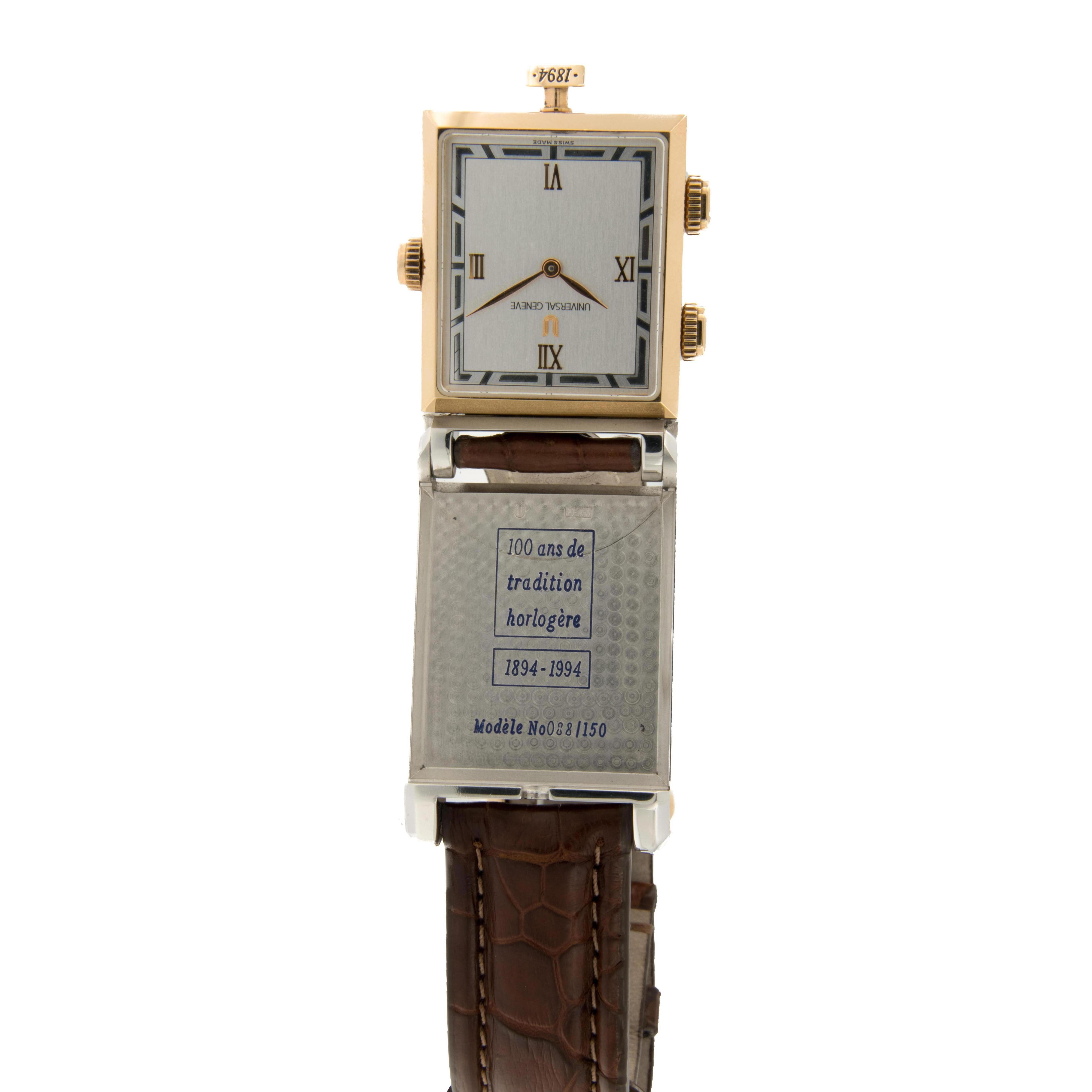 Die sehr seltene:: auf 88/150 Exemplare limitierte Handaufzugsuhr Golden Janus wurde anlässlich des 100-jährigen Jubiläums der renommierten Uhrenfirma Universal Geneve hergestellt. Diese aus Platin & gefertigte Armbanduhr aus 18 Karat Gelbgold mit
