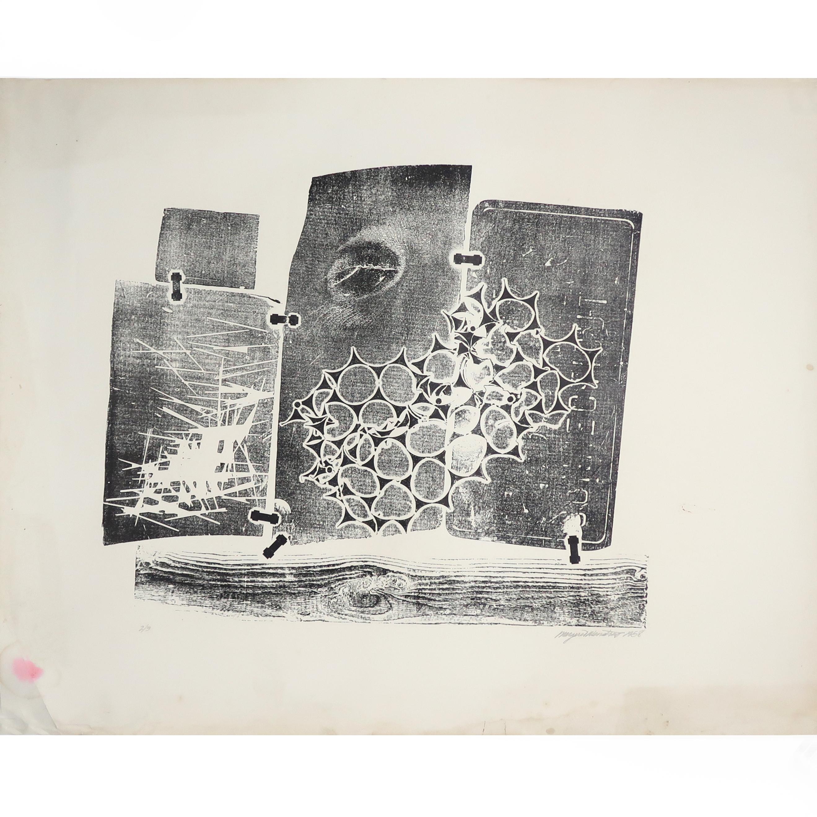 Ein abstrakter Farbholzschnitt ohne Titel von Margaret Wenstrup (1930-2008), datiert 1958. Wenstrup war ein bekannter Künstler aus Cincinnati, OH, der an der Art Academy of Cincinnati studierte und als Pionier des Mid-Century Modernism und der Op