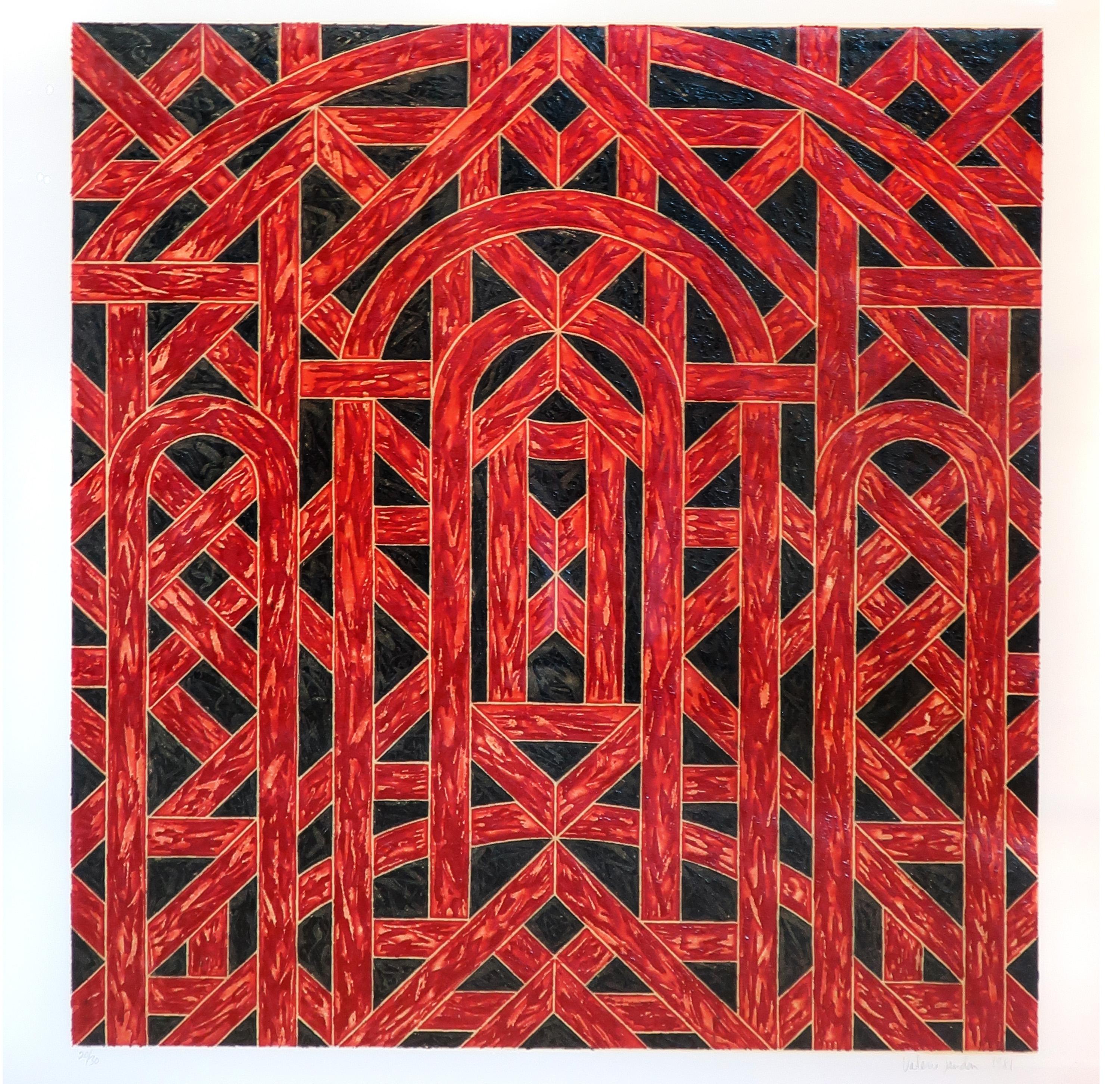 A lovely black, red, and off-white abstract etched design by Valerie Jaudon (b. 1945), most famous for her role in the Pattern and Decoration Movement of the mid-1970s. Jaudon's work evokes motifs and the embellishments of folk art, decorative arts,