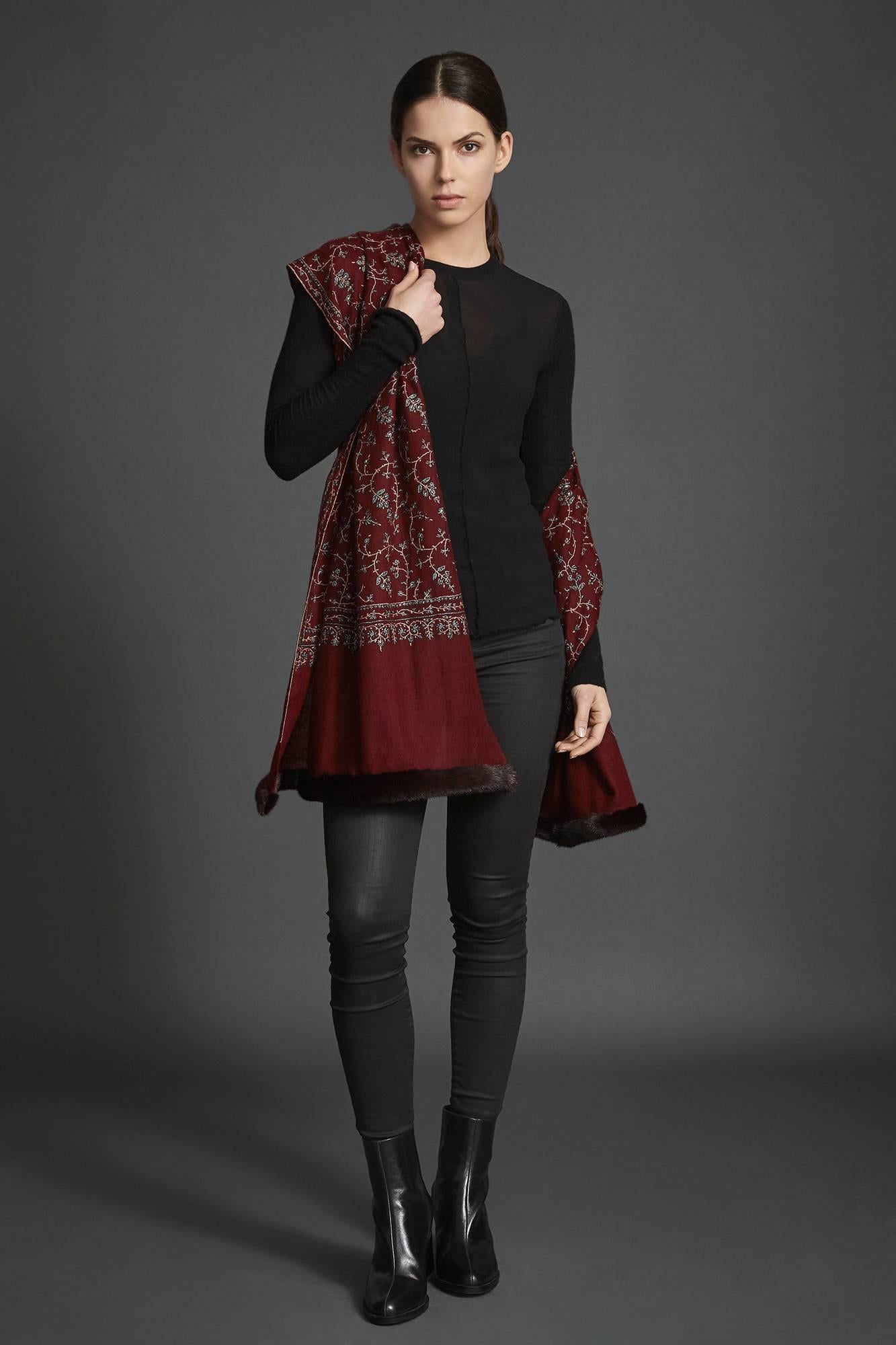 Limited Edition Verheyen London Hand Embroidered Kashmiri 100% Cashmere Mink Trimmed Shawl
Brand New - Burgundy Mink Dyed to Match

Verheyen London’s shawl is spun from the finest embroidered woven 100% cashmere shawl from Kashmir and finished with