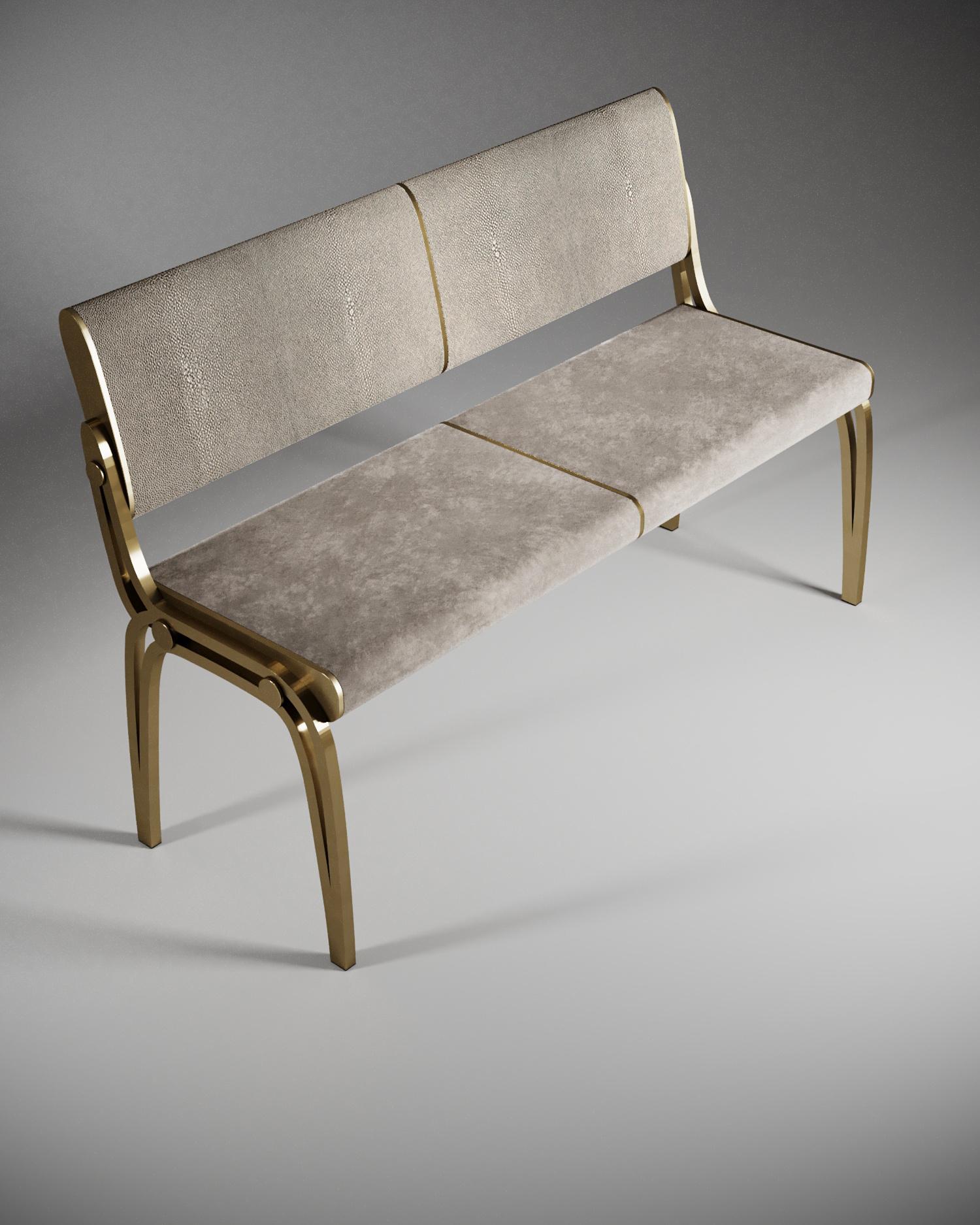 French Loveseat in Cream Shagreen with Velvet Upholstery and Brass by R&Y Augousti For Sale