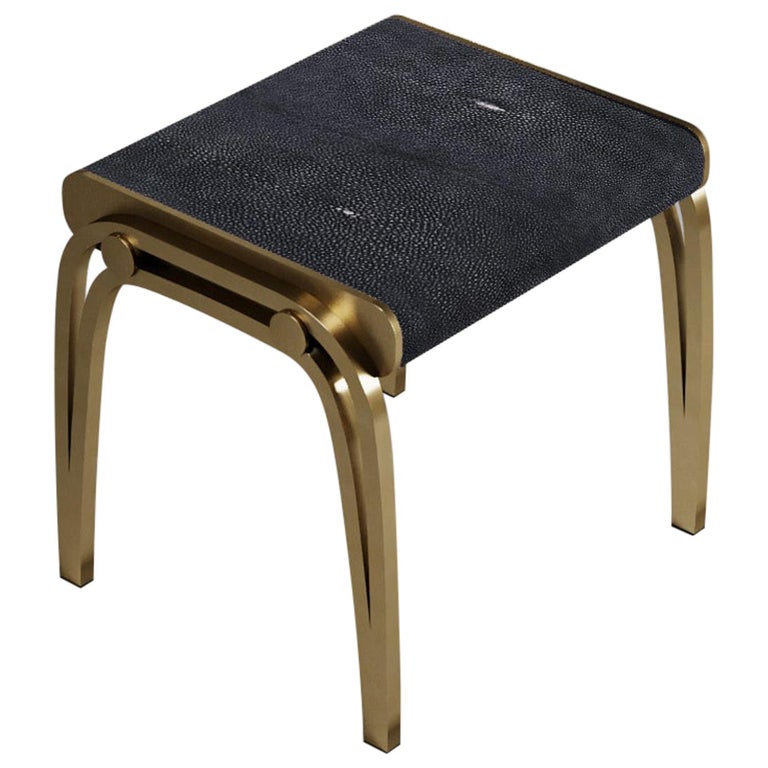 Limited Edition Victoria Stool in Black Shagreen and Brass by R and Y