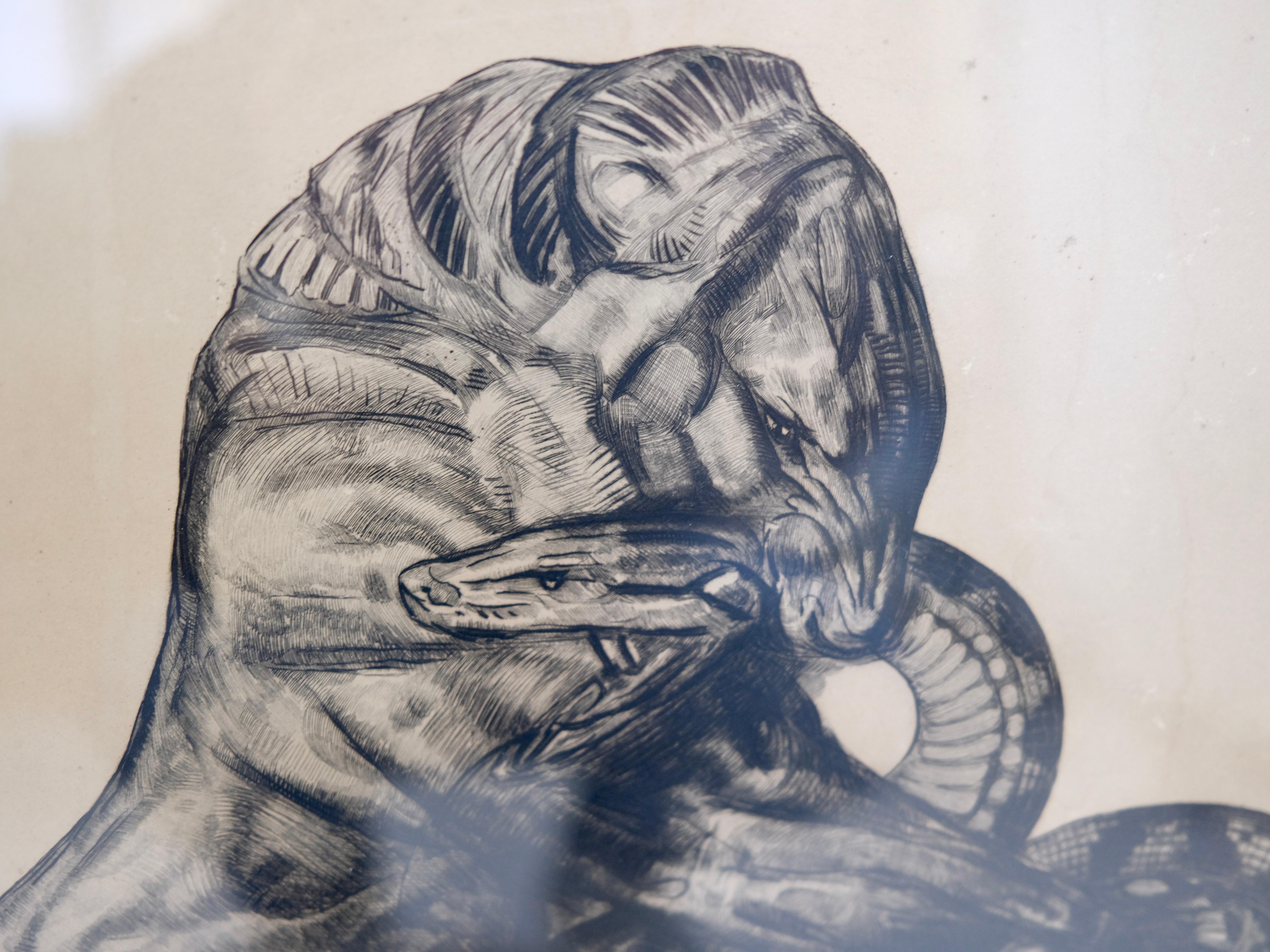Art déco Lithographie limitée Combat entre un lion et un python par Paul Jouve 1930  en vente