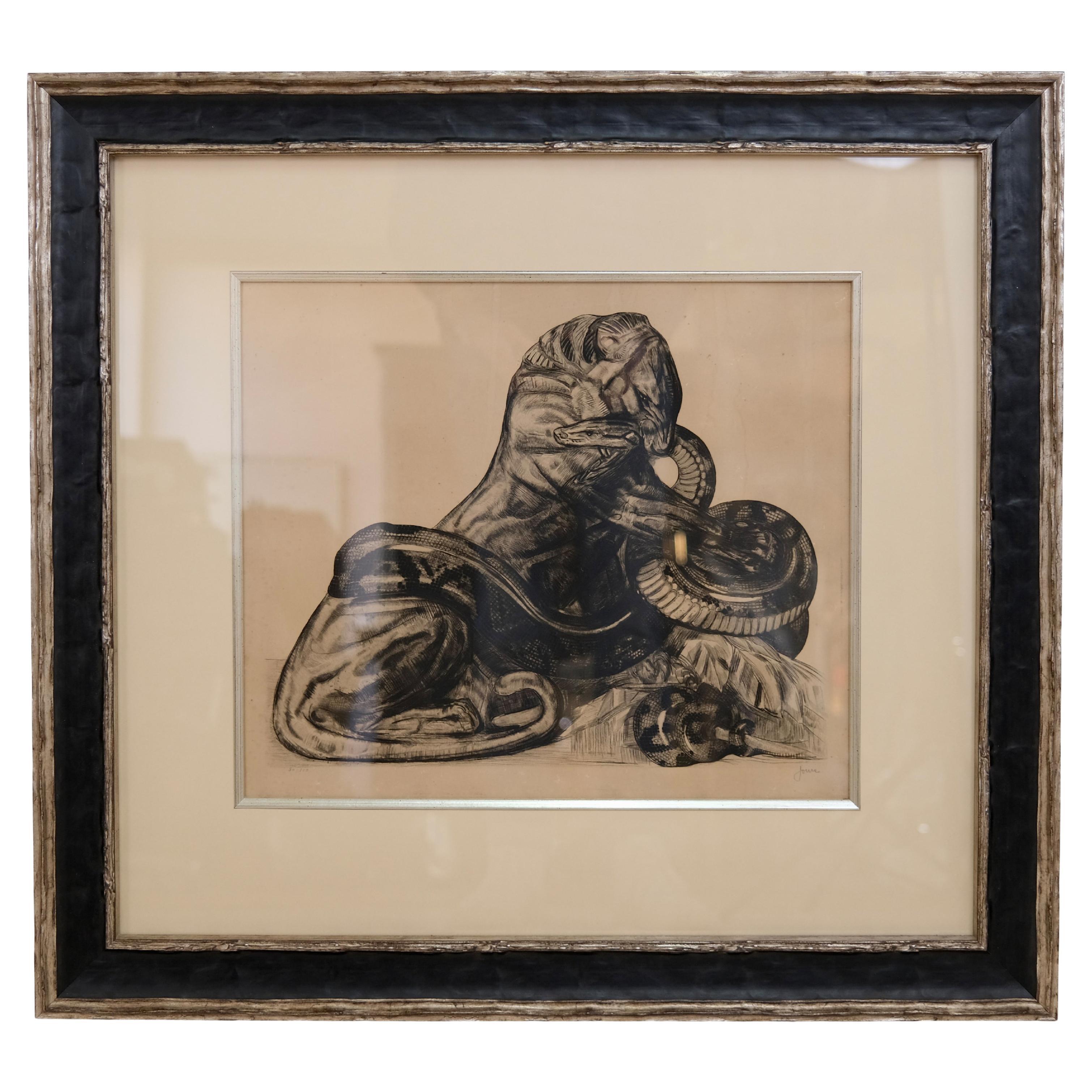 Limitierte Lithographie Combat zwischen un lion et un python von Paul Jouve, 1930 