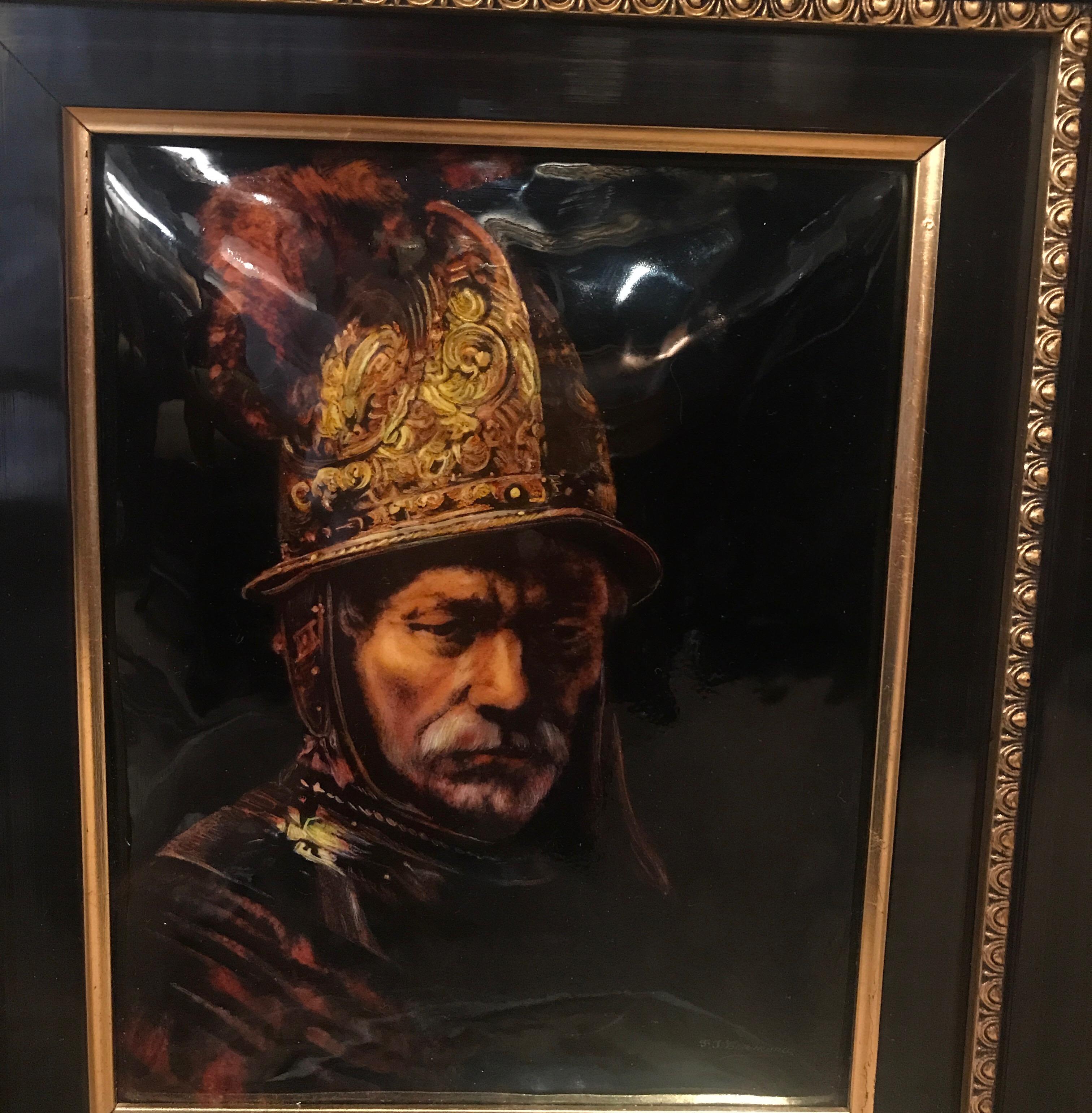 A hand painted Limoges enamel portrait of a conquistador. This French enamel portrait is on a curved copper plate with a rosewood and ebonized frame. Signed in the lover right corner F.J. Carmona. The enamel is in perfect condition and the original