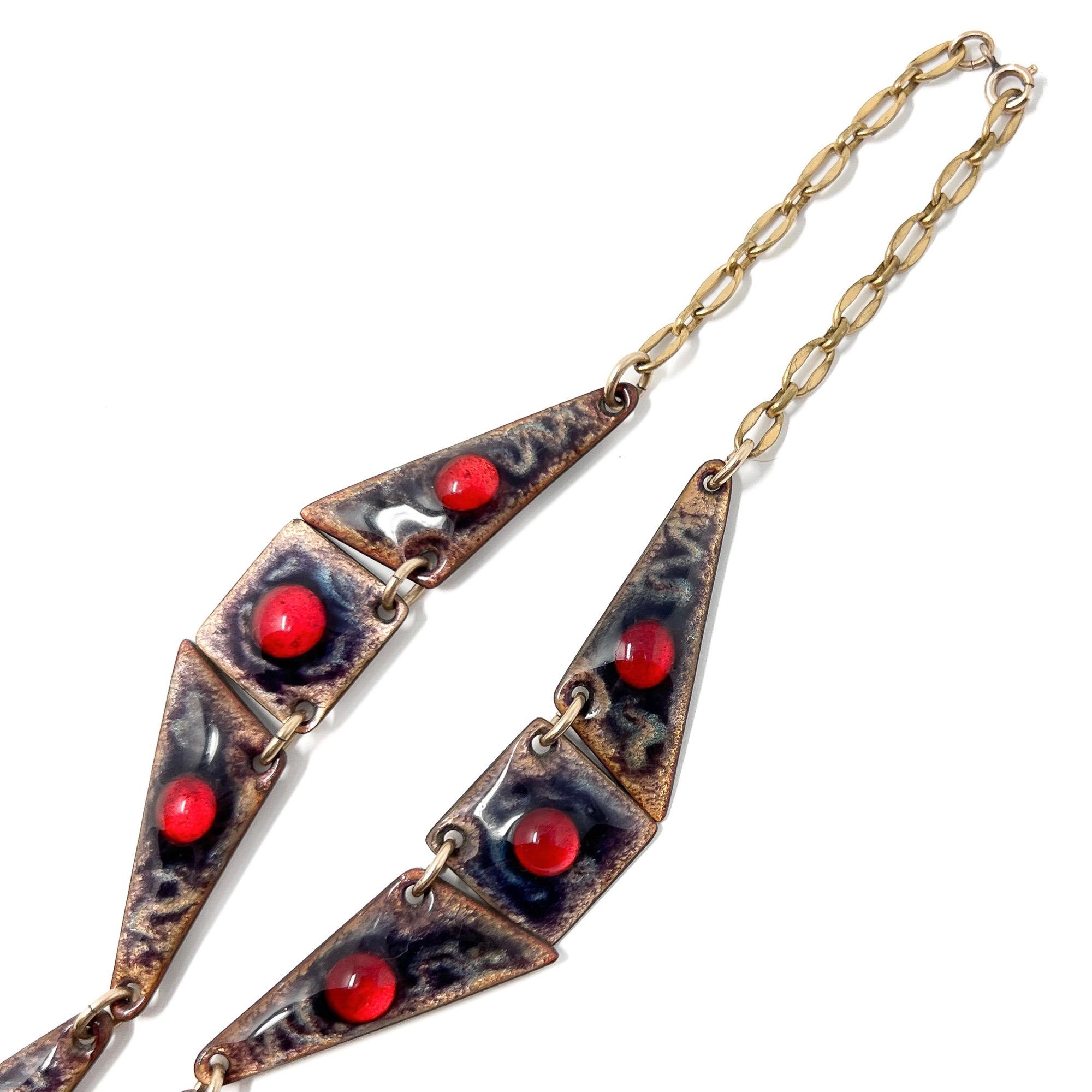 Collana vintage di Limoges 1950 con smalto marrone e vetro rosso in vendita 6