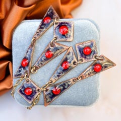Limoges 1950s Brown Enamel and Red Glass Vintage Necklace
