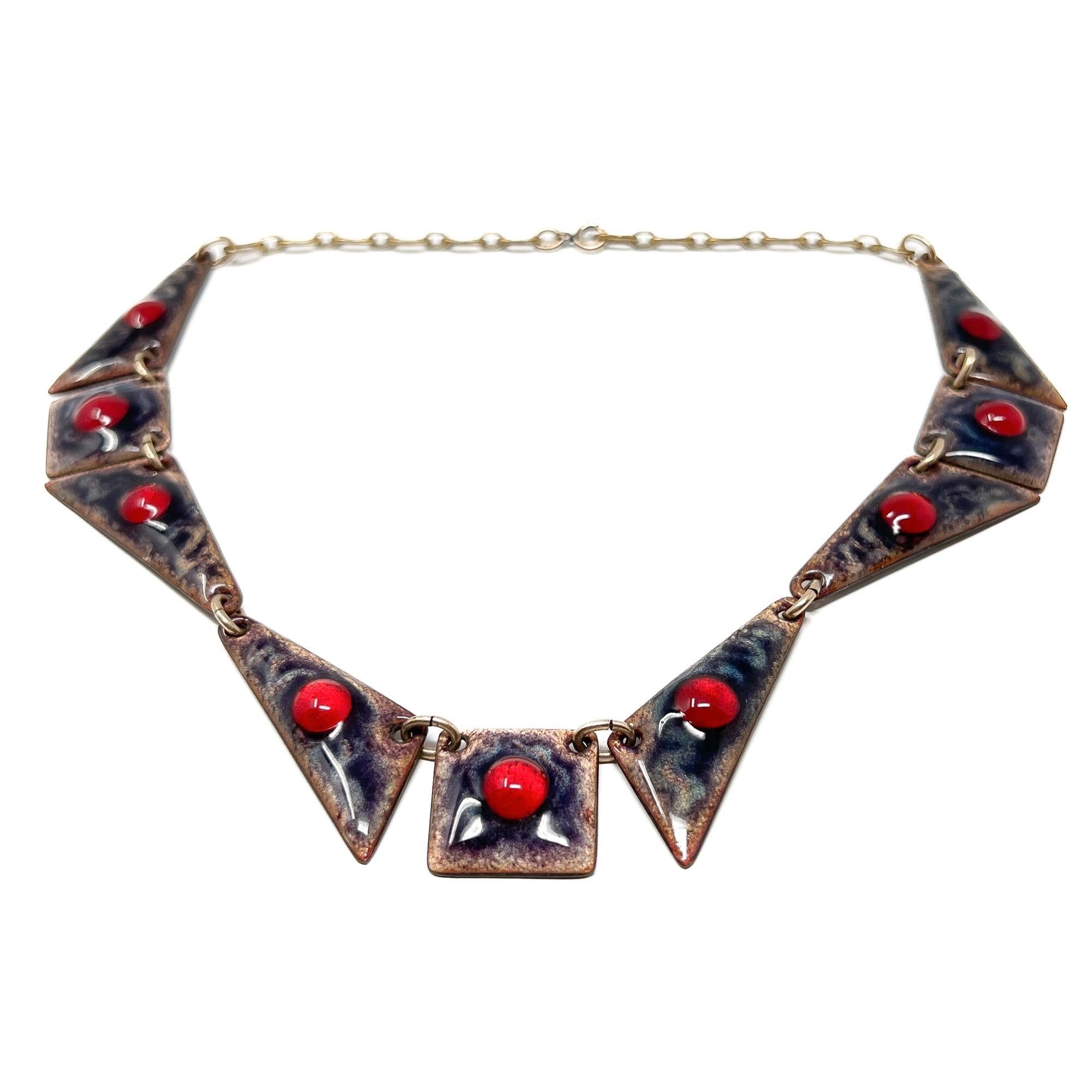 Collana vintage di Limoges 1950 con smalto marrone e vetro rosso in vendita 1